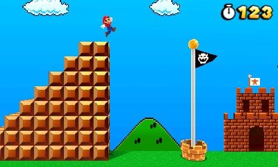 Mario jumps above stacked brown blocks beside a black flagpole and a small brick castle.