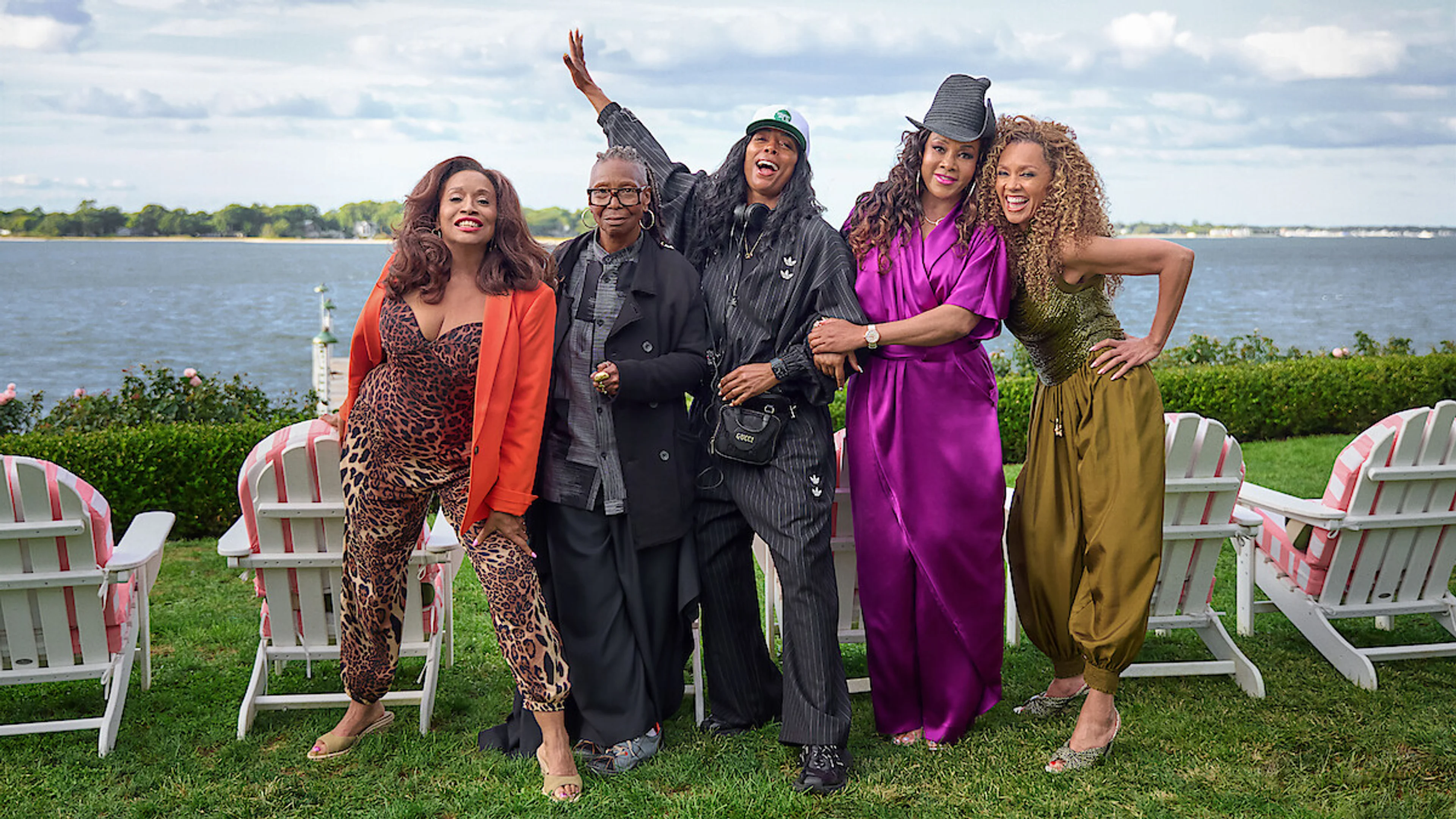 Jenifer Lewis, Whoopi Goldberg, director Tasha Smith, Vivica A. Fox and Vanessa Williams pose together on the Women Like Us set.