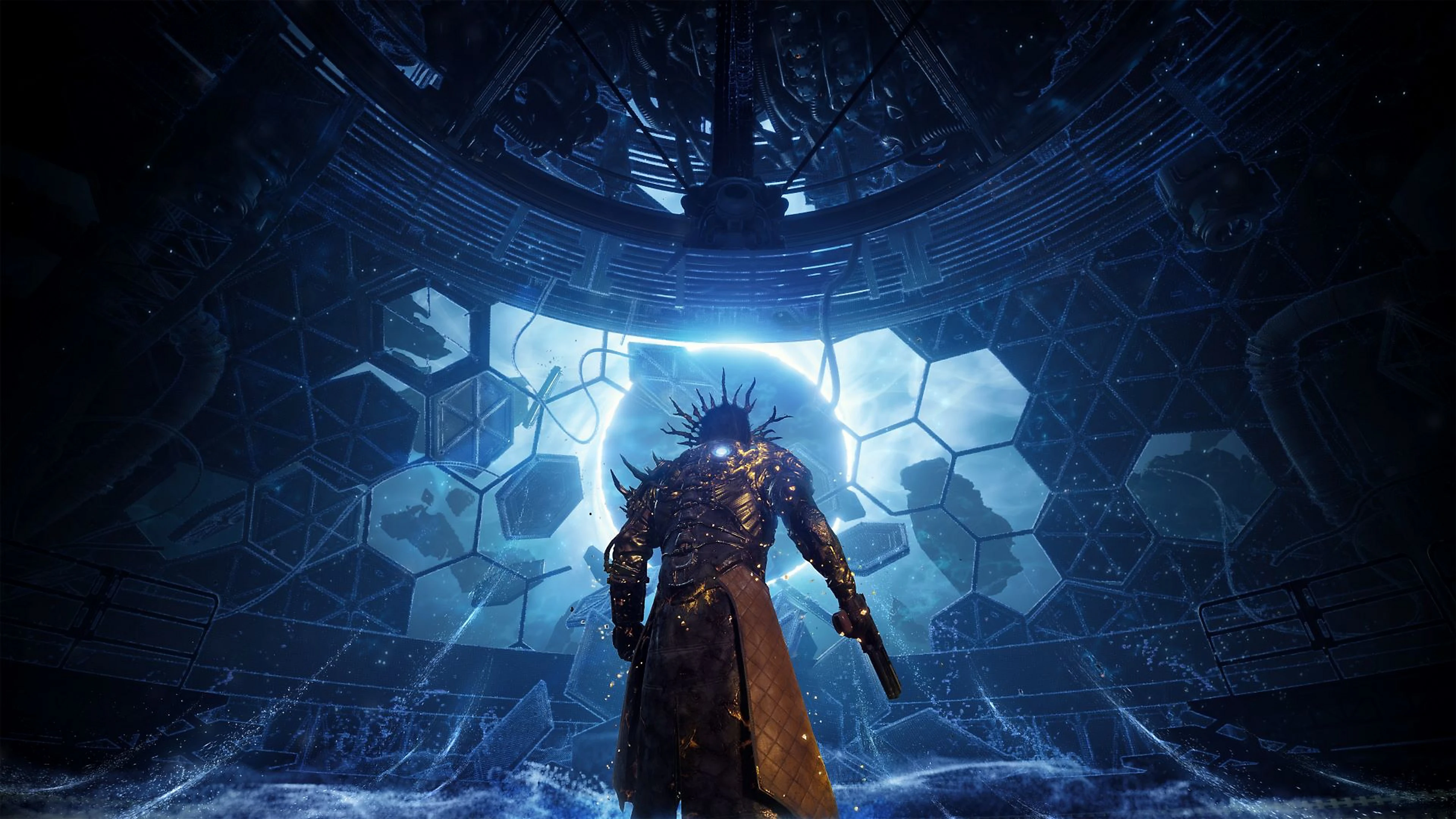 Arjun Devraj stands beneath a fractured structure and a solar eclipse in Saros: Zenith.