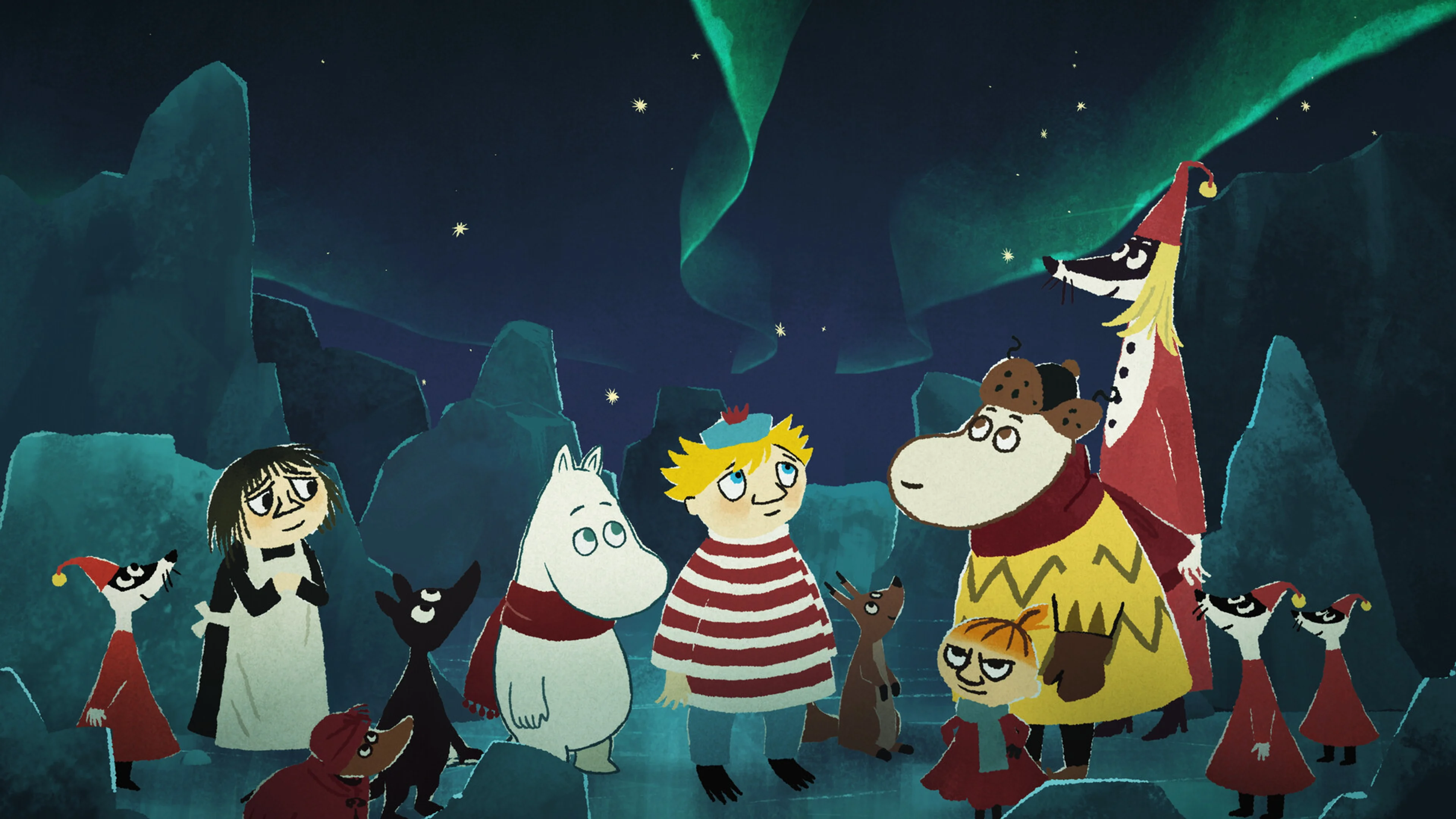 Moomintroll stands with familiar Moominvalley characters beneath a green aurora.