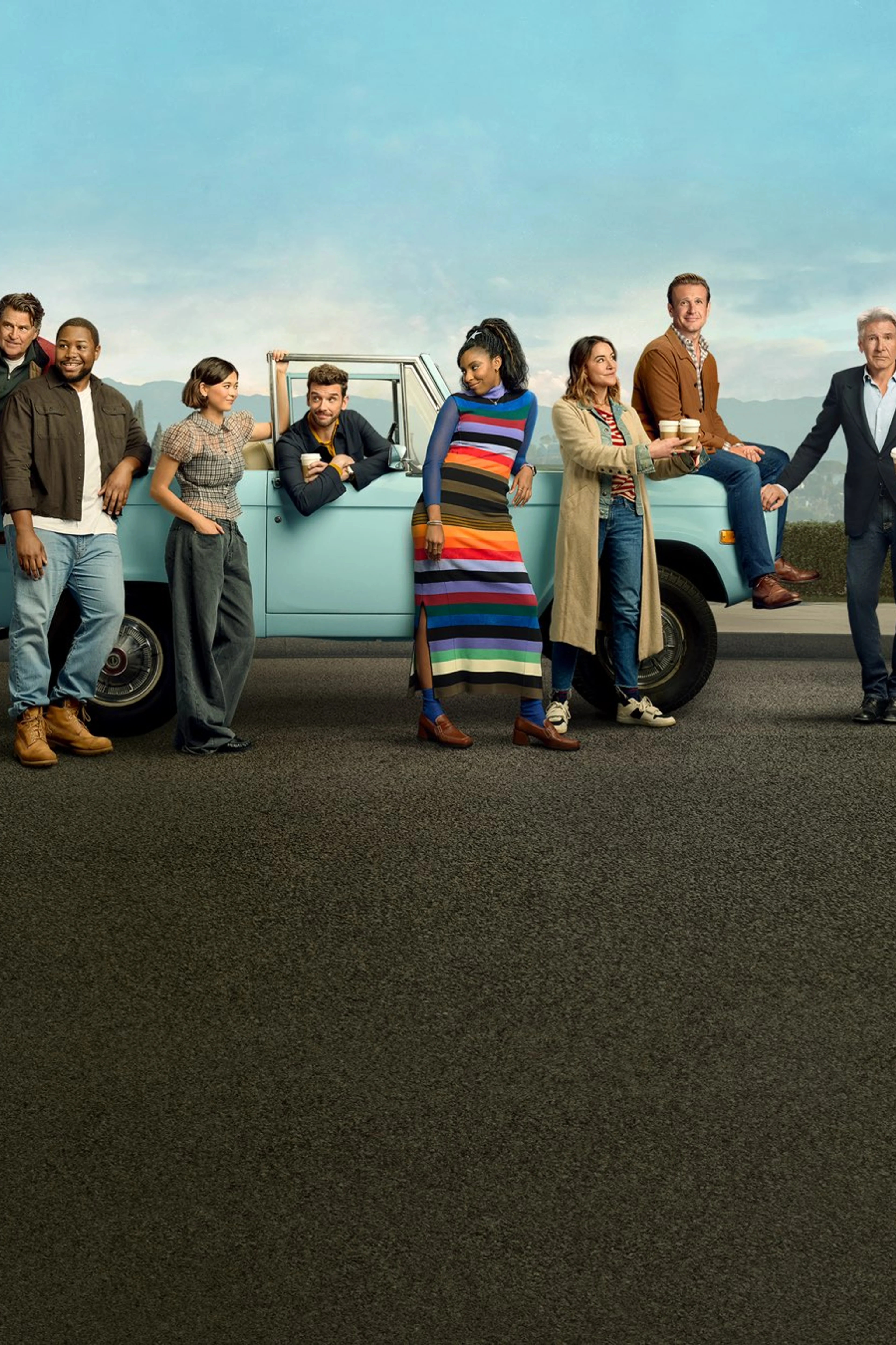 The Shrinking ensemble beside a blue pickup truck in official Apple TV series artwork.