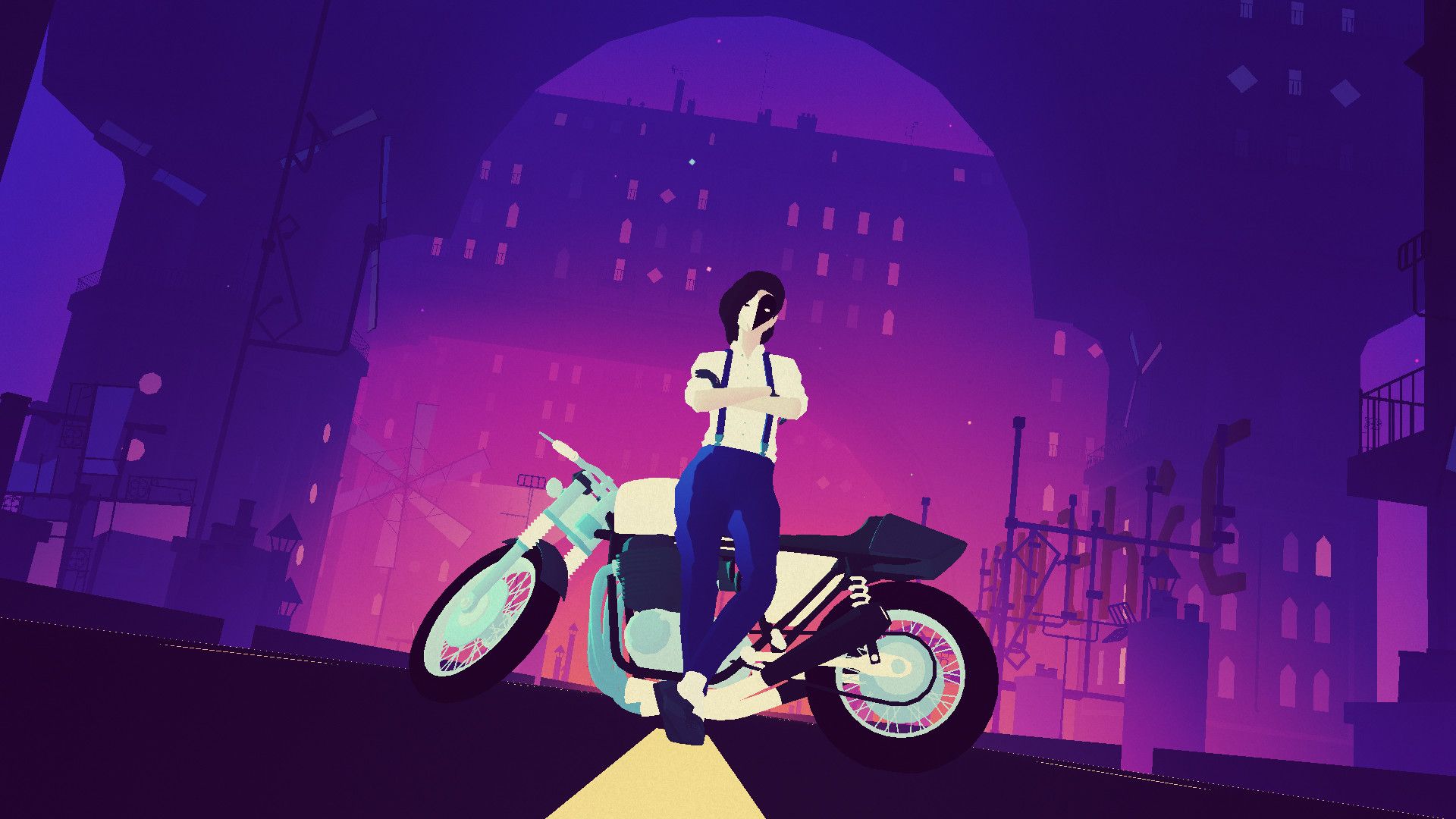 A masked character stands beside a motorcycle with pink buildings in the distance, showing the stylized world and character design.
