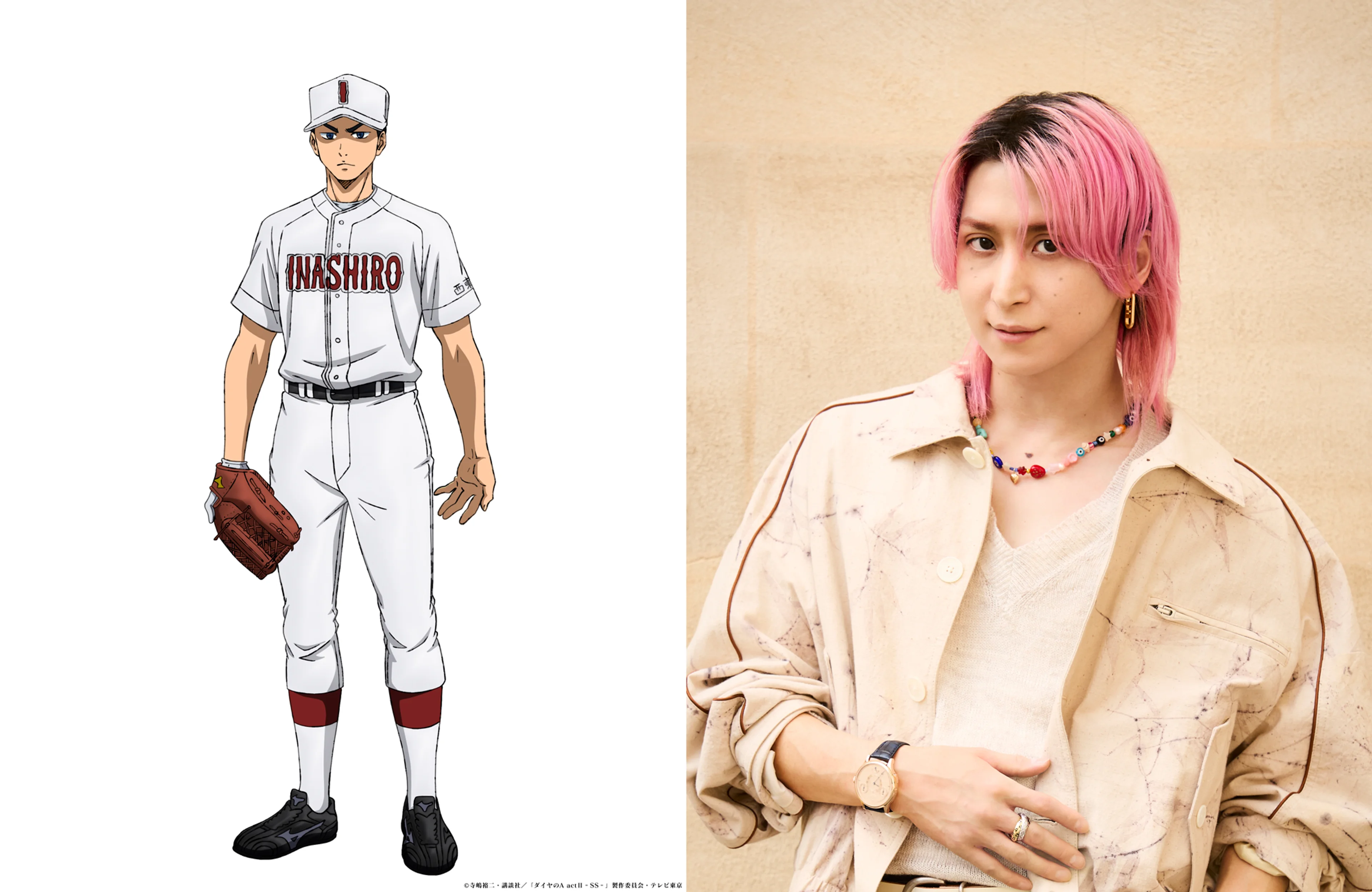 Shinichiro Saotome stands beside voice actor Daisuke Sakuma in an official cast graphic.