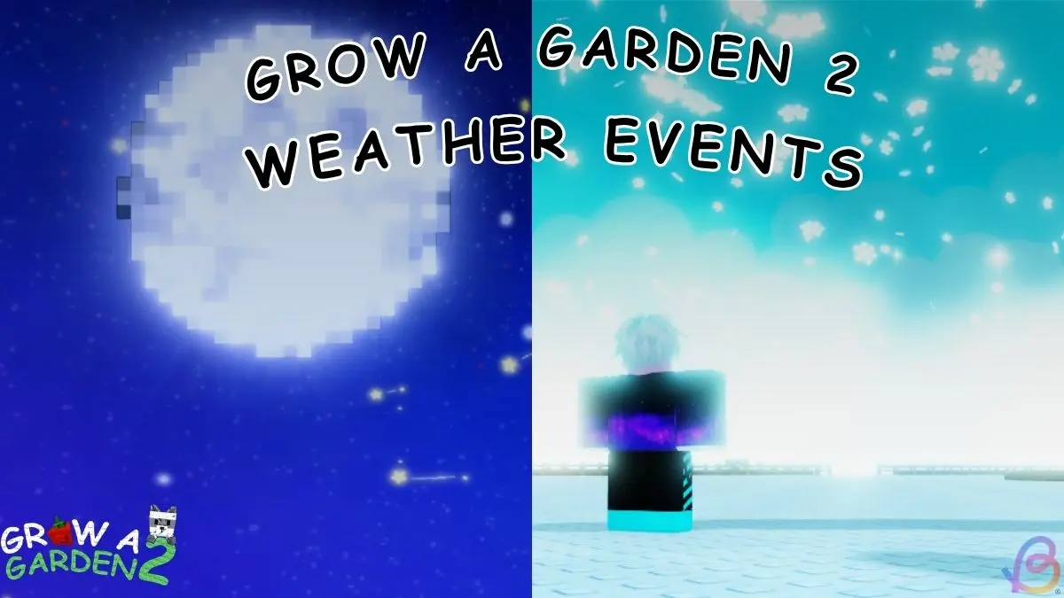 Several Grow a Garden 2 weather scenes shown above active garden plots.