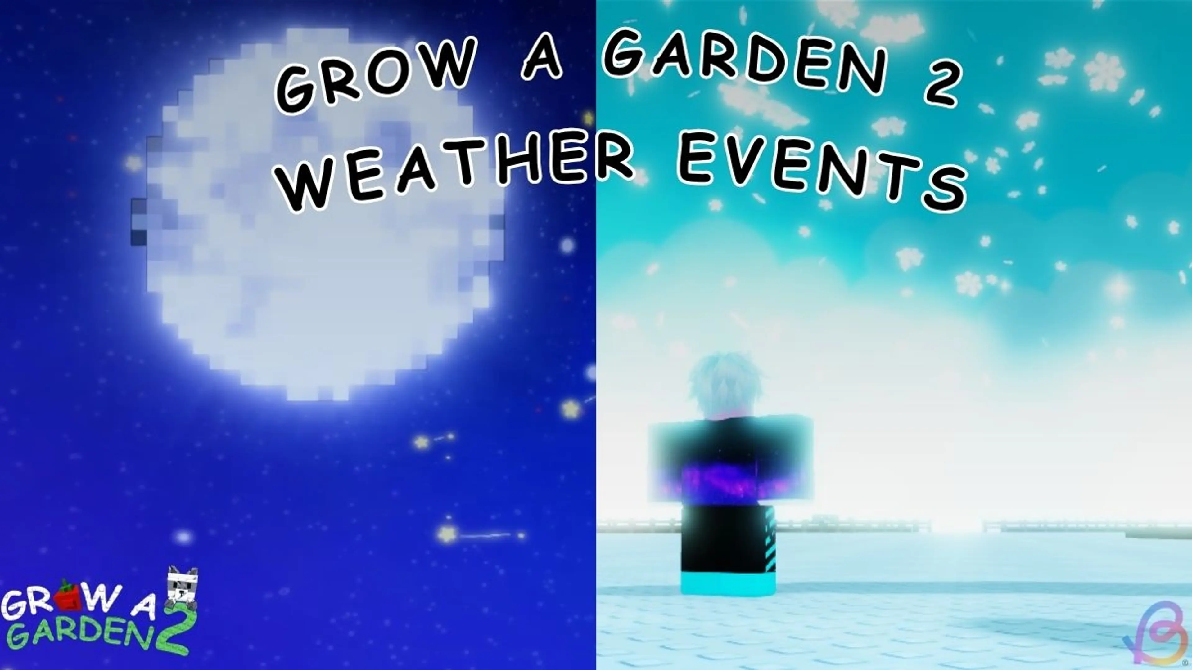 Several Grow a Garden 2 weather scenes shown above active garden plots.