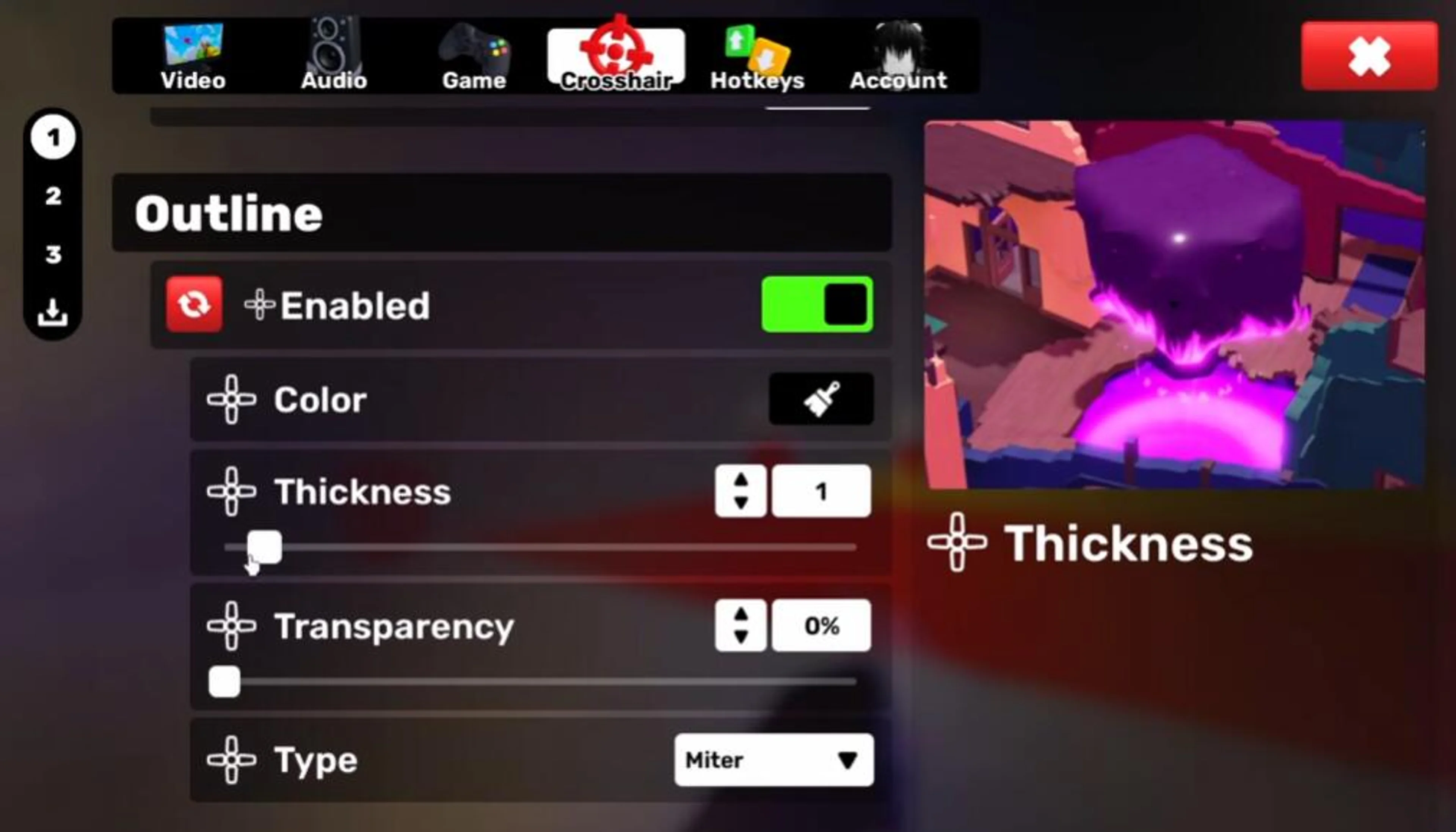 The RIVALS crosshair menu showing outline and thickness controls