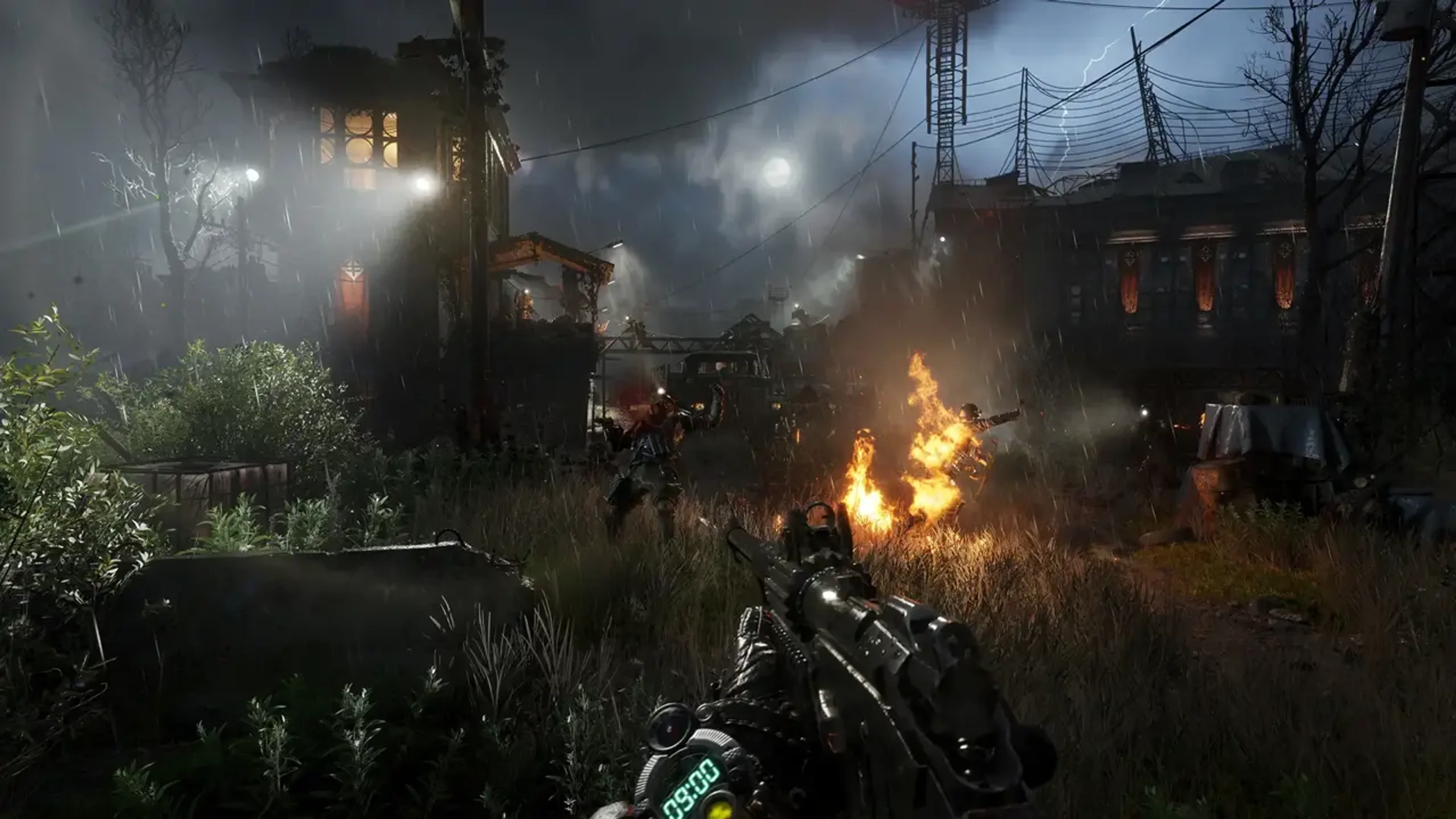 The Stranger aims a weapon through a burning outdoor settlement in official METRO 2039 gameplay footage.