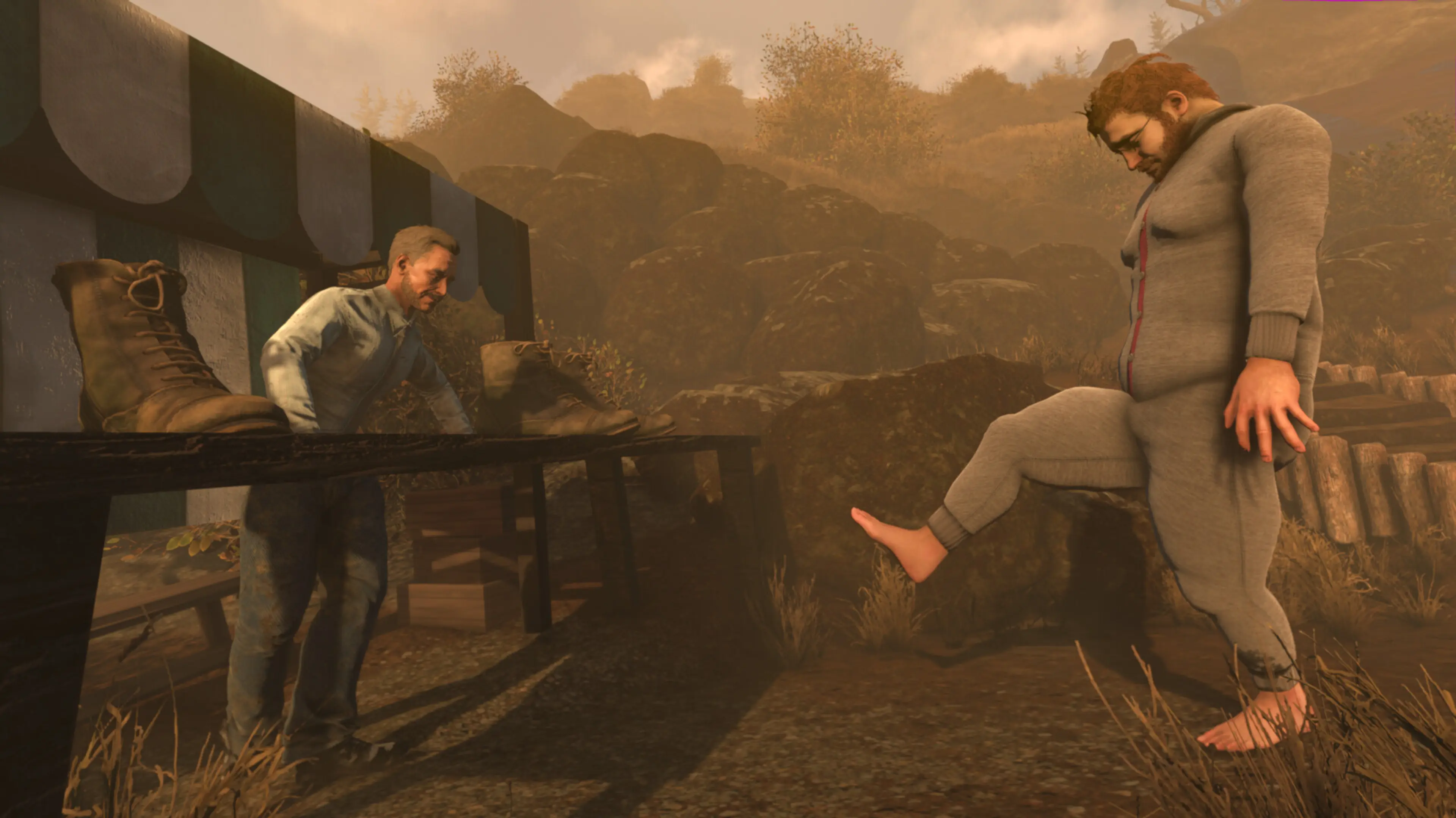 Barefoot Nate lifts one leg beside a mountain vendor displaying oversized boots in Baby Steps.