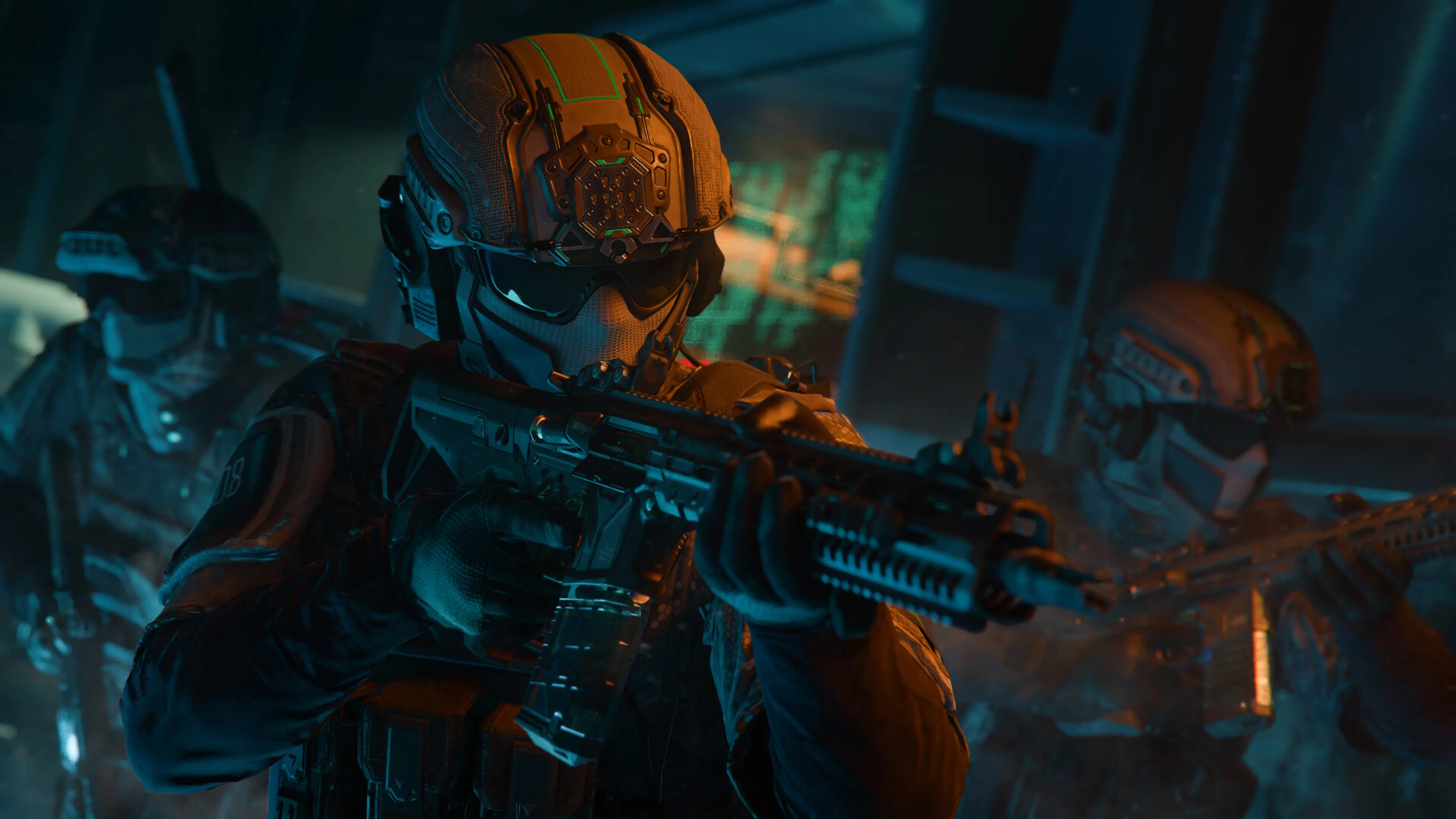 An armored operator aims a rifle in Call of Duty: Black Ops 7.