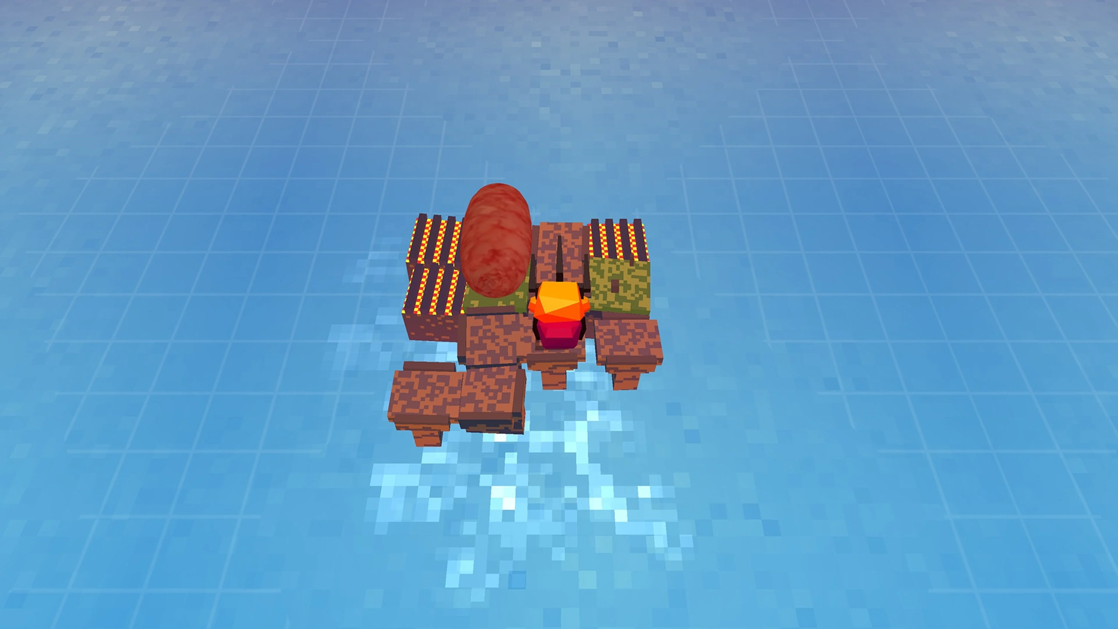 A character and long sausages occupy a small blocky island in Stephen's Sausage Roll.