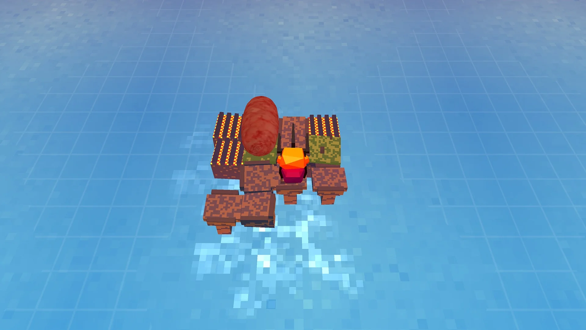 A character and long sausages occupy a small blocky island in Stephen's Sausage Roll.
