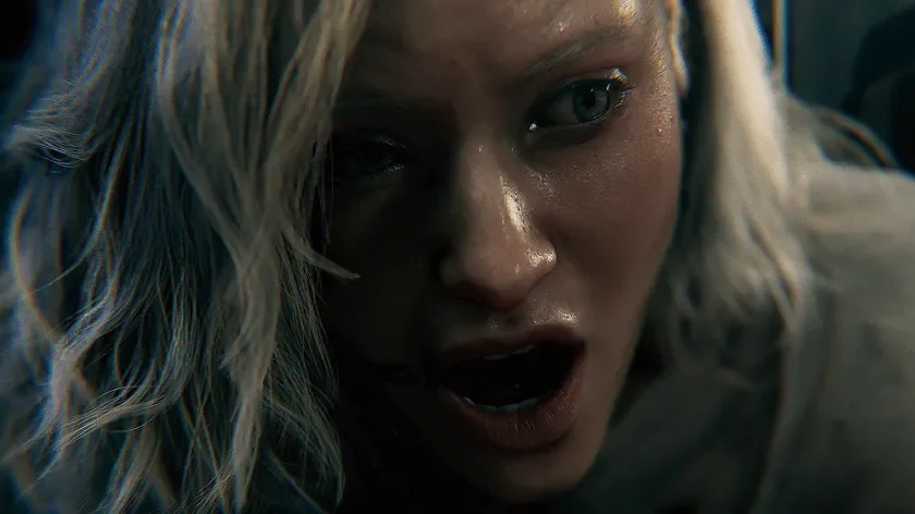 Grace Ashcroft reacts during a tense close-up scene in Resident Evil Requiem.