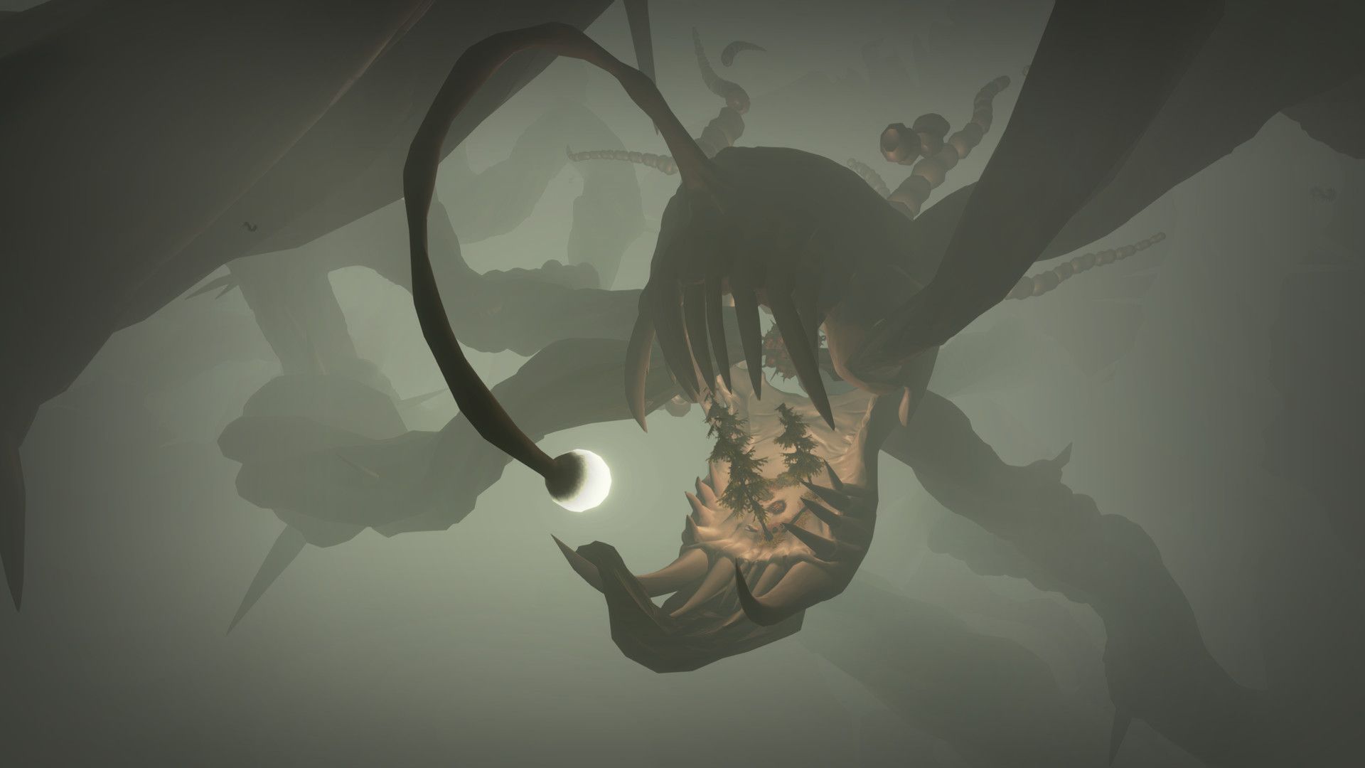 Huge twisted branches surround a misty, dangerous-looking space.