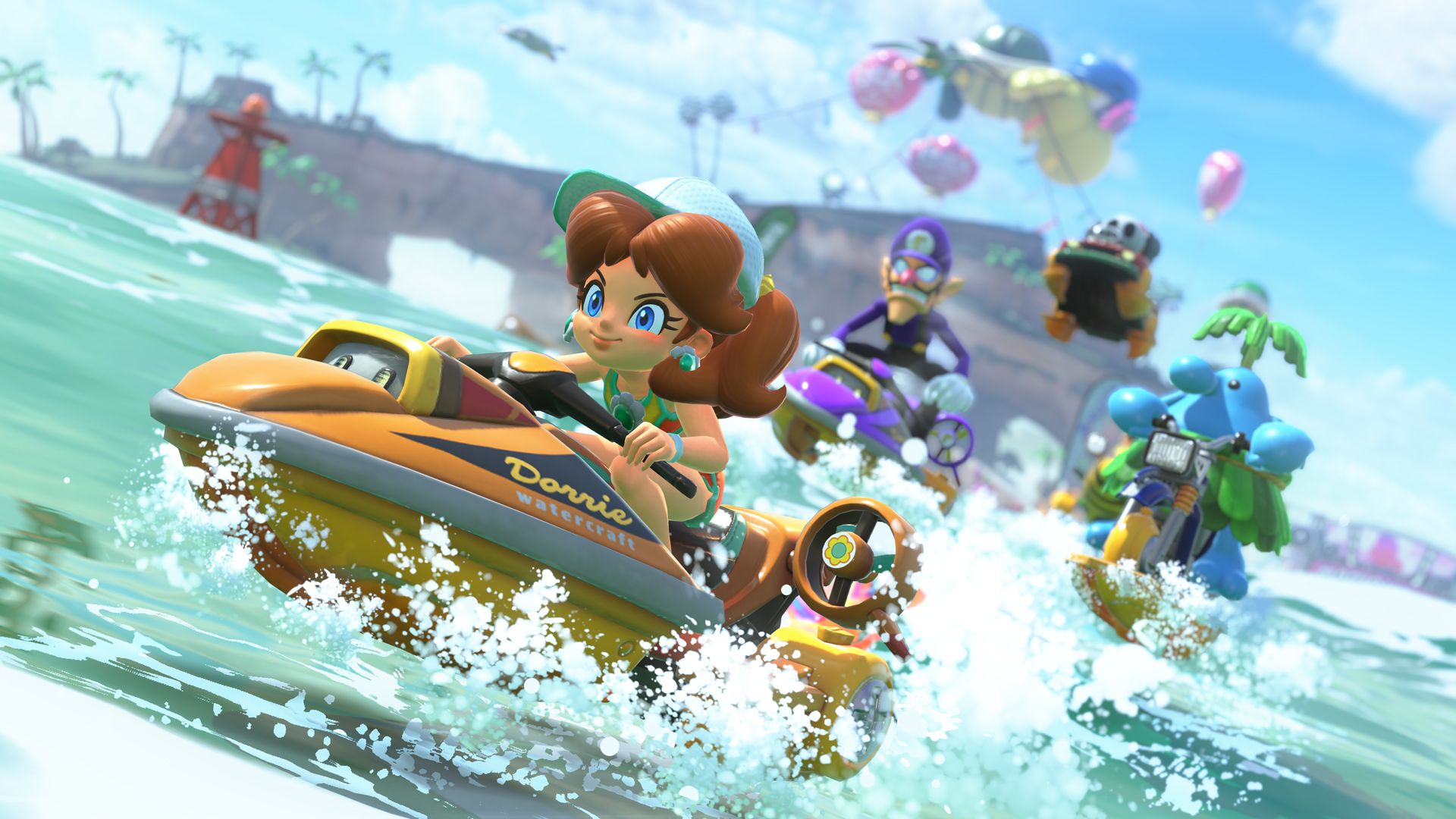 Racers travel across water on watercraft in Mario Kart World.