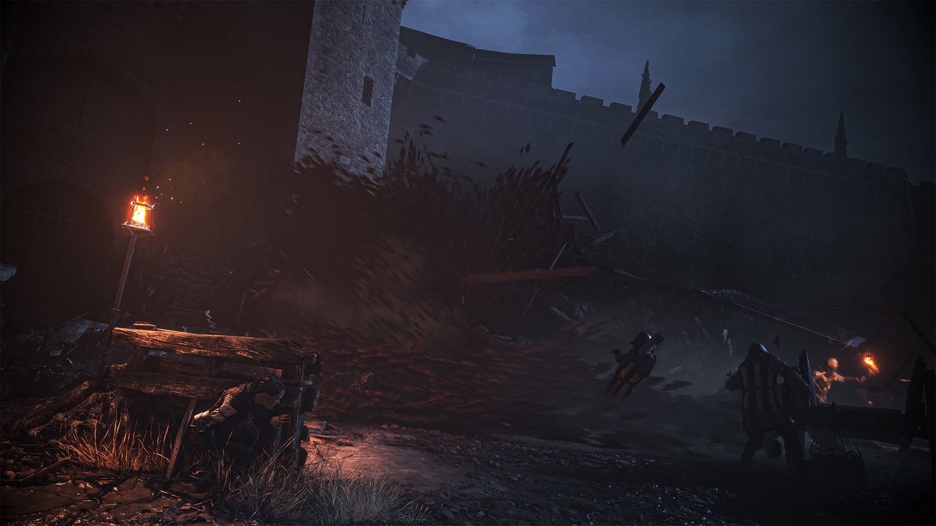 Amicia shelters behind wooden cover as guards and a mass of rats fill a dark courtyard.
