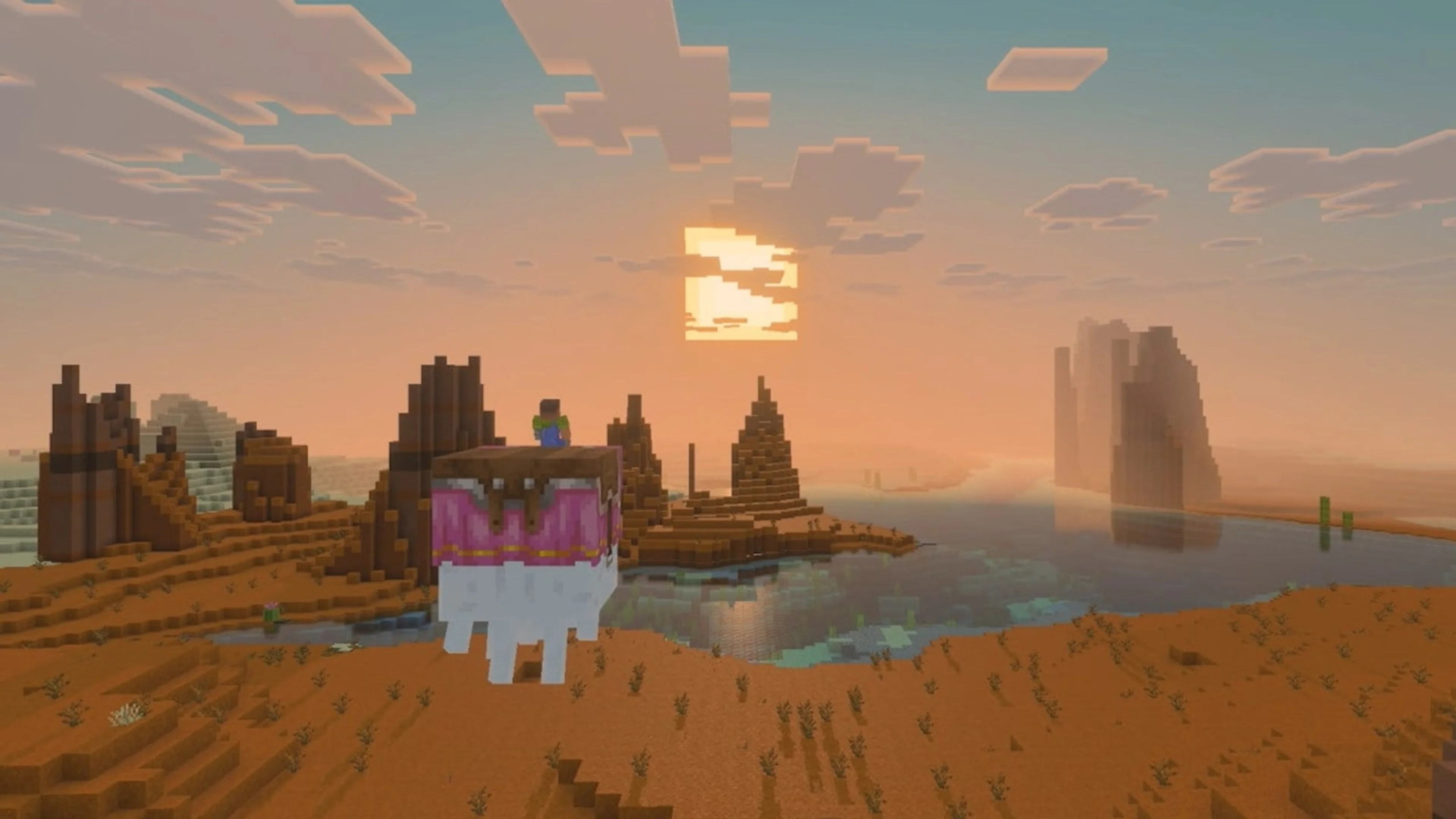 A Minecraft player rides a happy ghast over a mesa landscape using Vibrant Visuals.