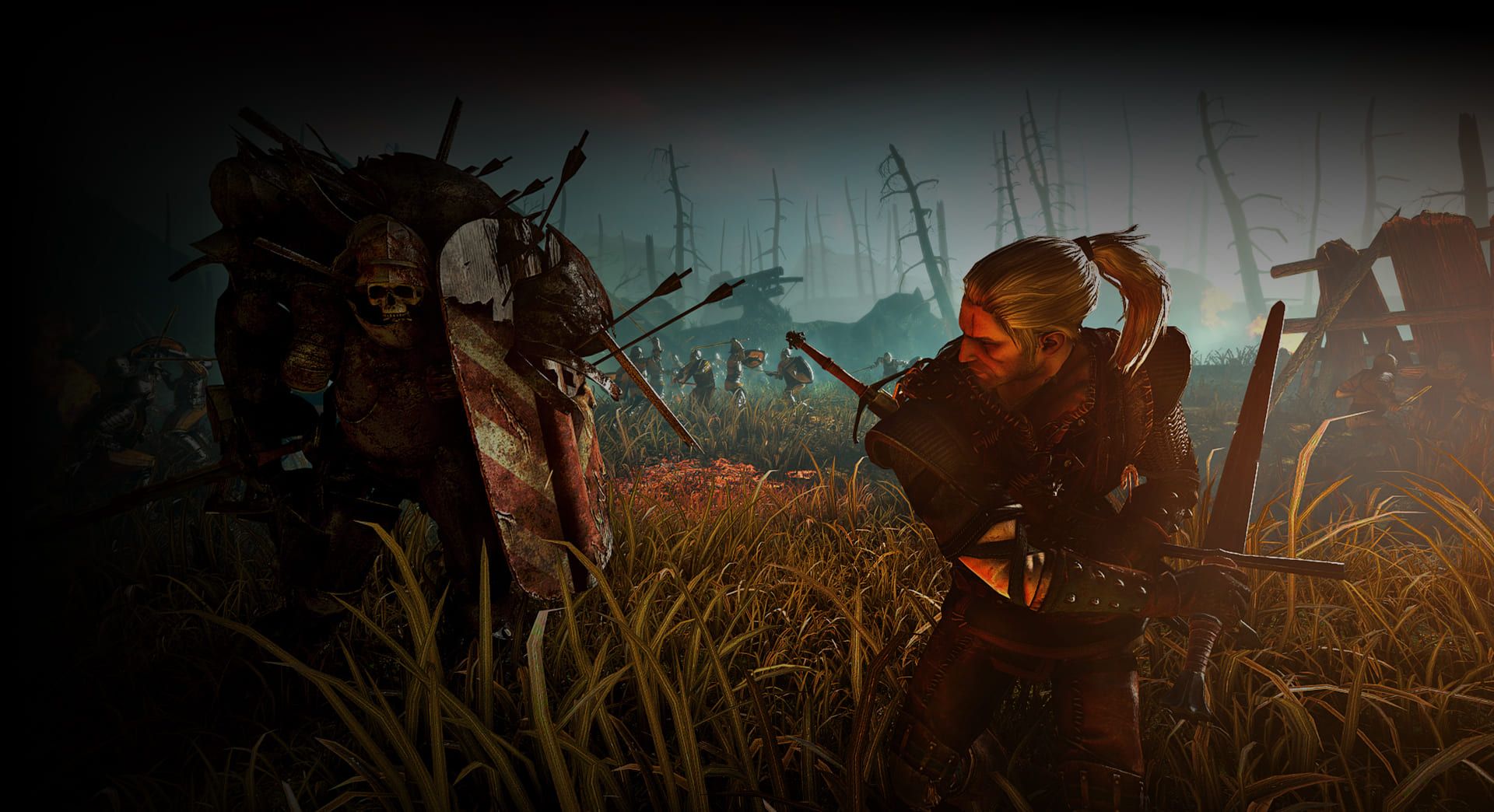 White-haired Geralt faces a figure in a field of broken weapons.