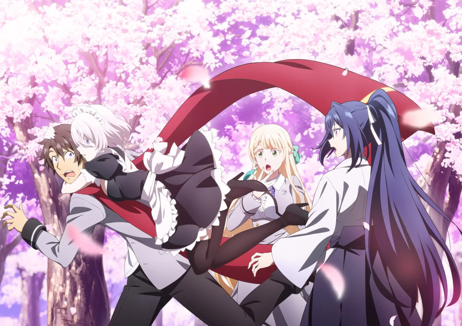 Kosuke Takioto and the Magical★Explorer cast stand beneath pink cherry blossoms in official anime artwork.