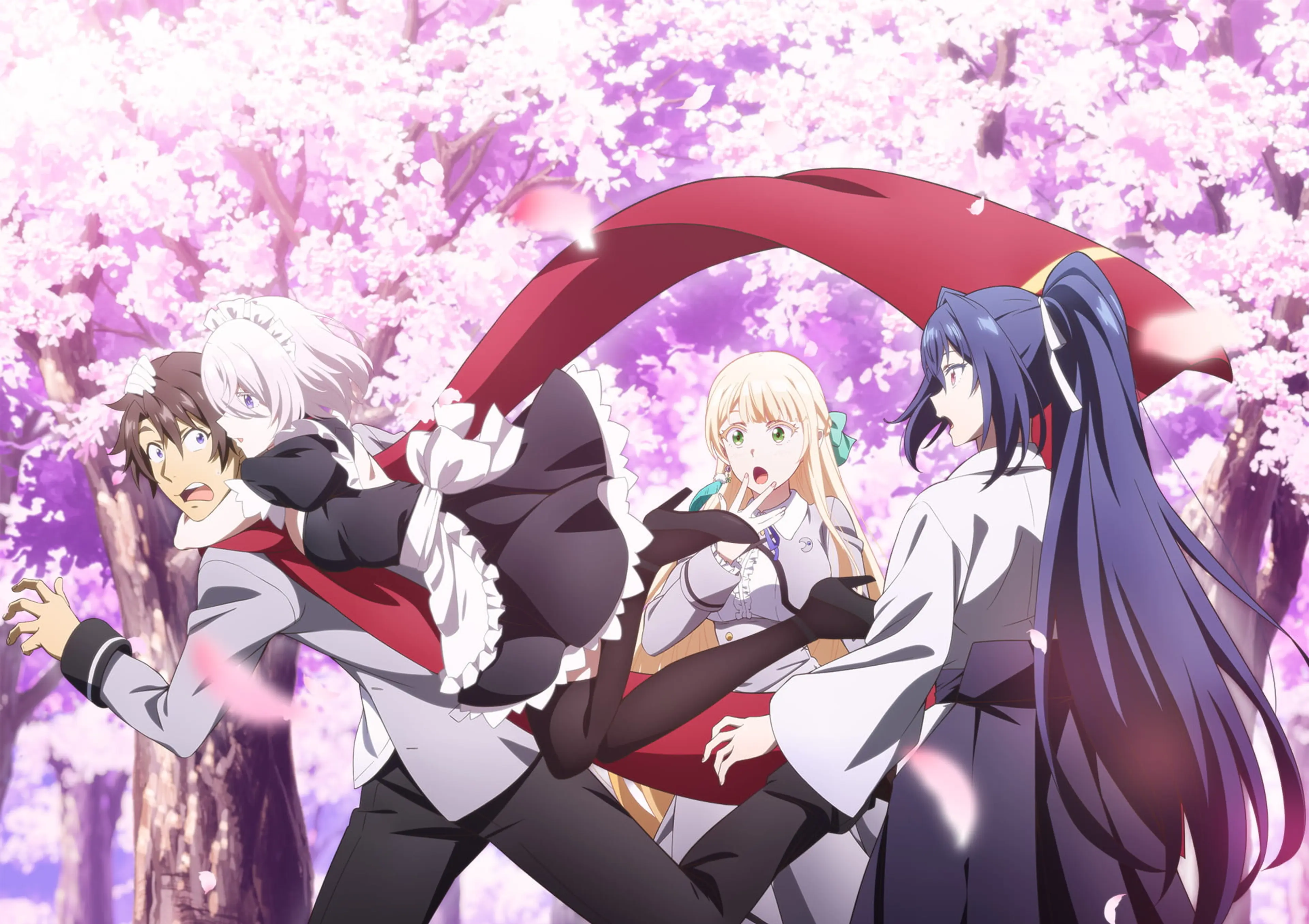 Kosuke Takioto and the Magical★Explorer cast stand beneath pink cherry blossoms in official anime artwork.