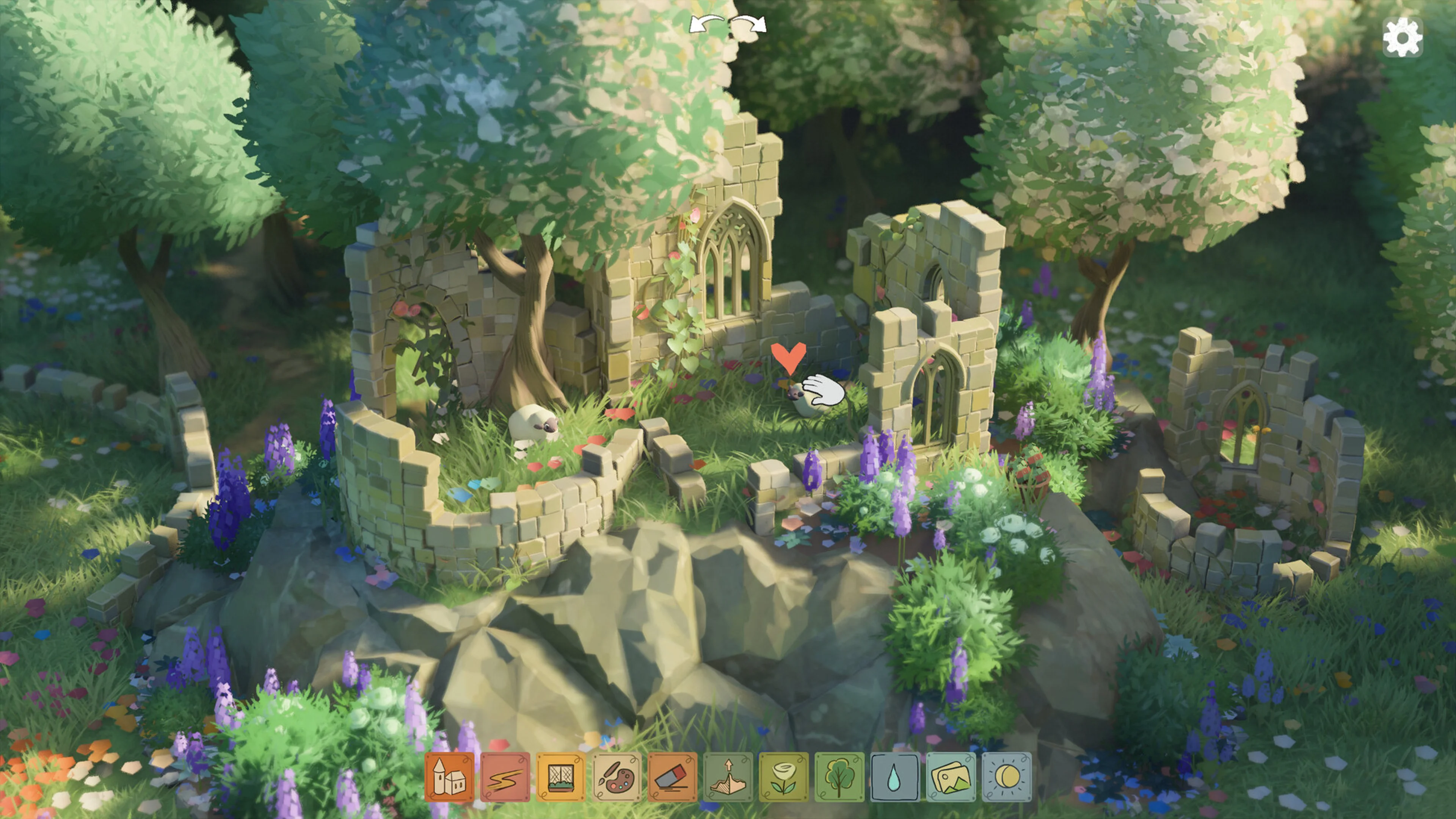 Sheep among stone ruins, trees and purple flowers in Tiny Glade.