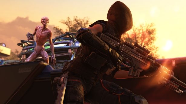 An XCOM soldier fires at an alien while another creature stands behind the target.