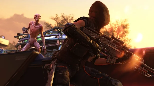 An XCOM soldier fires at an alien from behind cover in a mission.