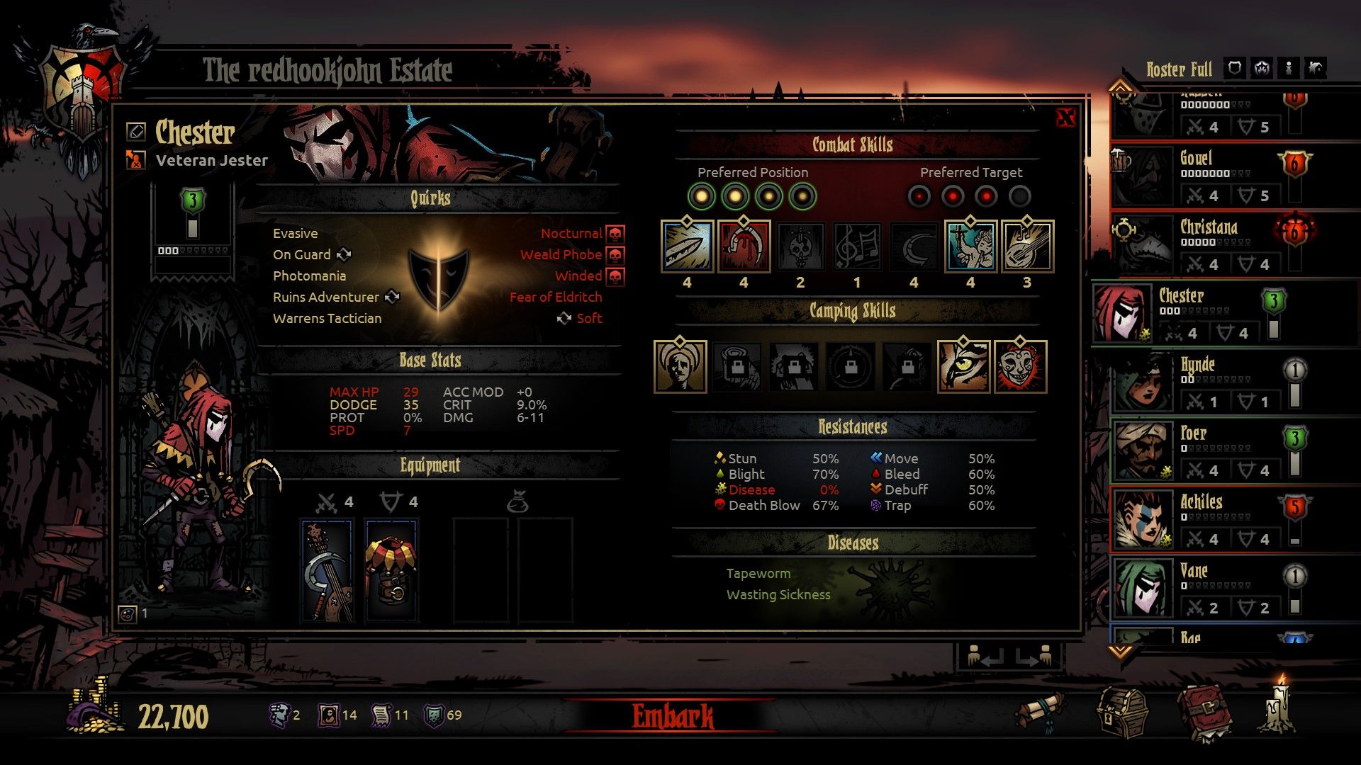 A hero character sheet displays abilities, equipment and a full party roster.