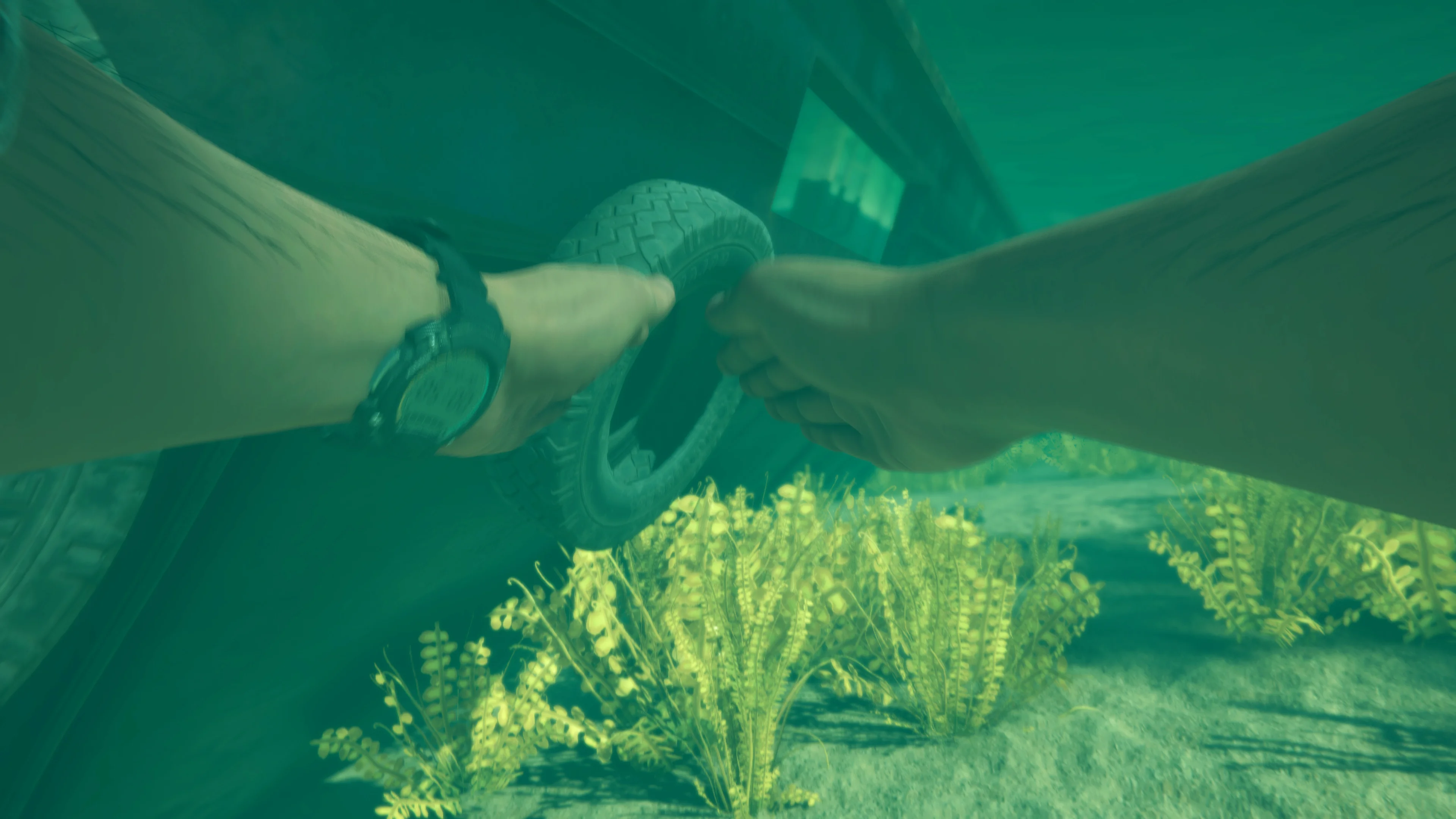 The player salvages an object underwater in Stranded Deep 2.