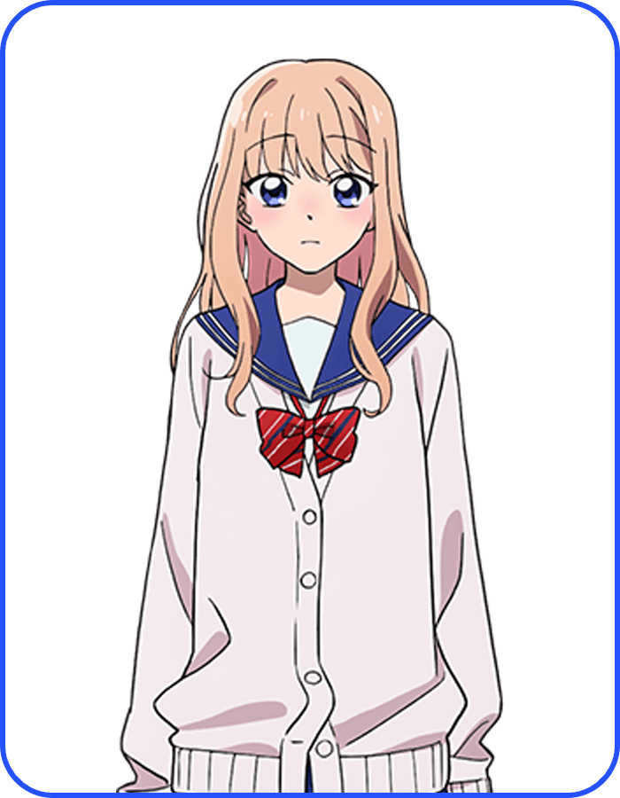 Hiro Momose wears a pale school blazer and red ribbon in her official character illustration.