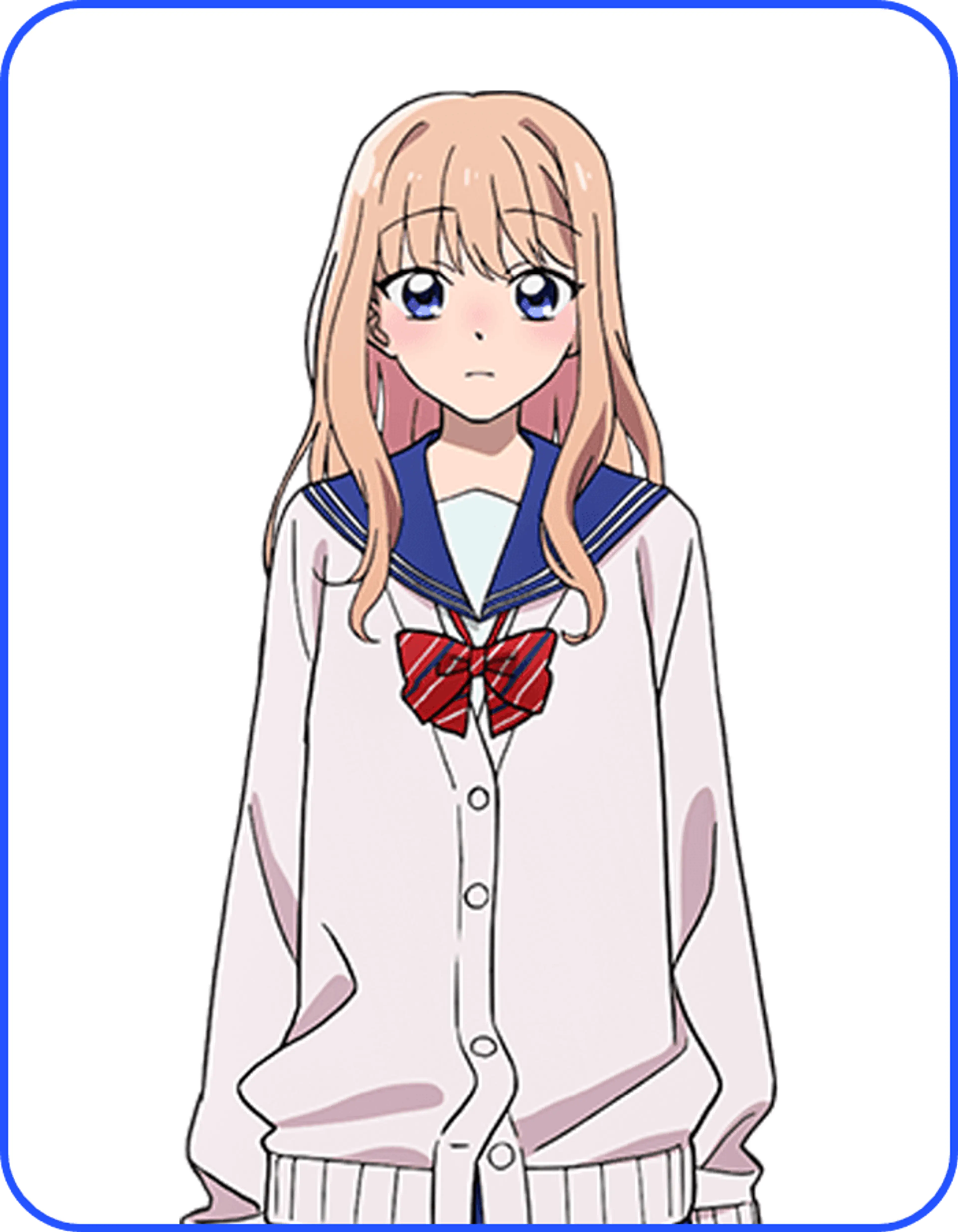 Hiro Momose wears a pale school blazer and red ribbon in her official character illustration.