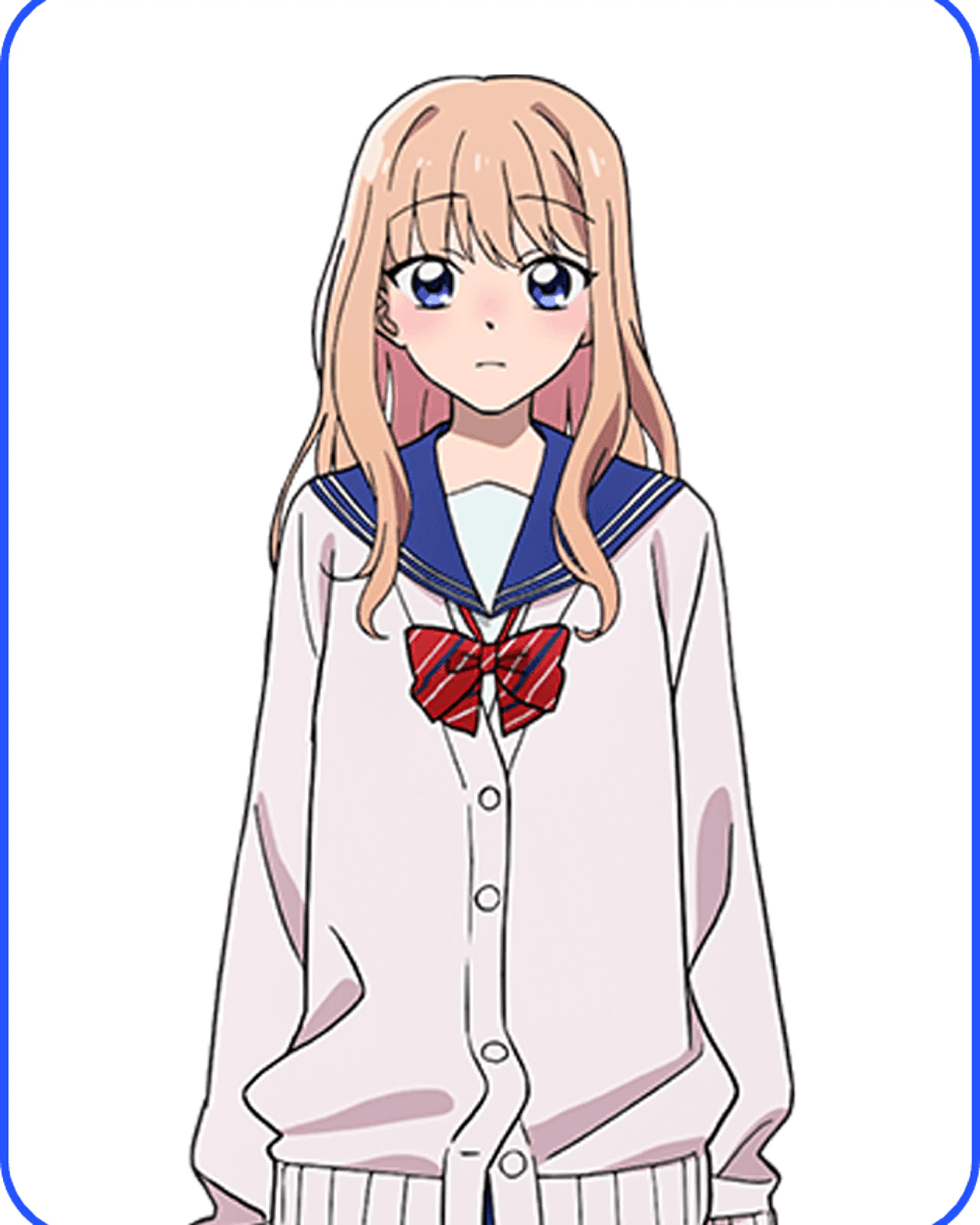 Hiro Momose wears a pale school blazer and red ribbon in her official character illustration.