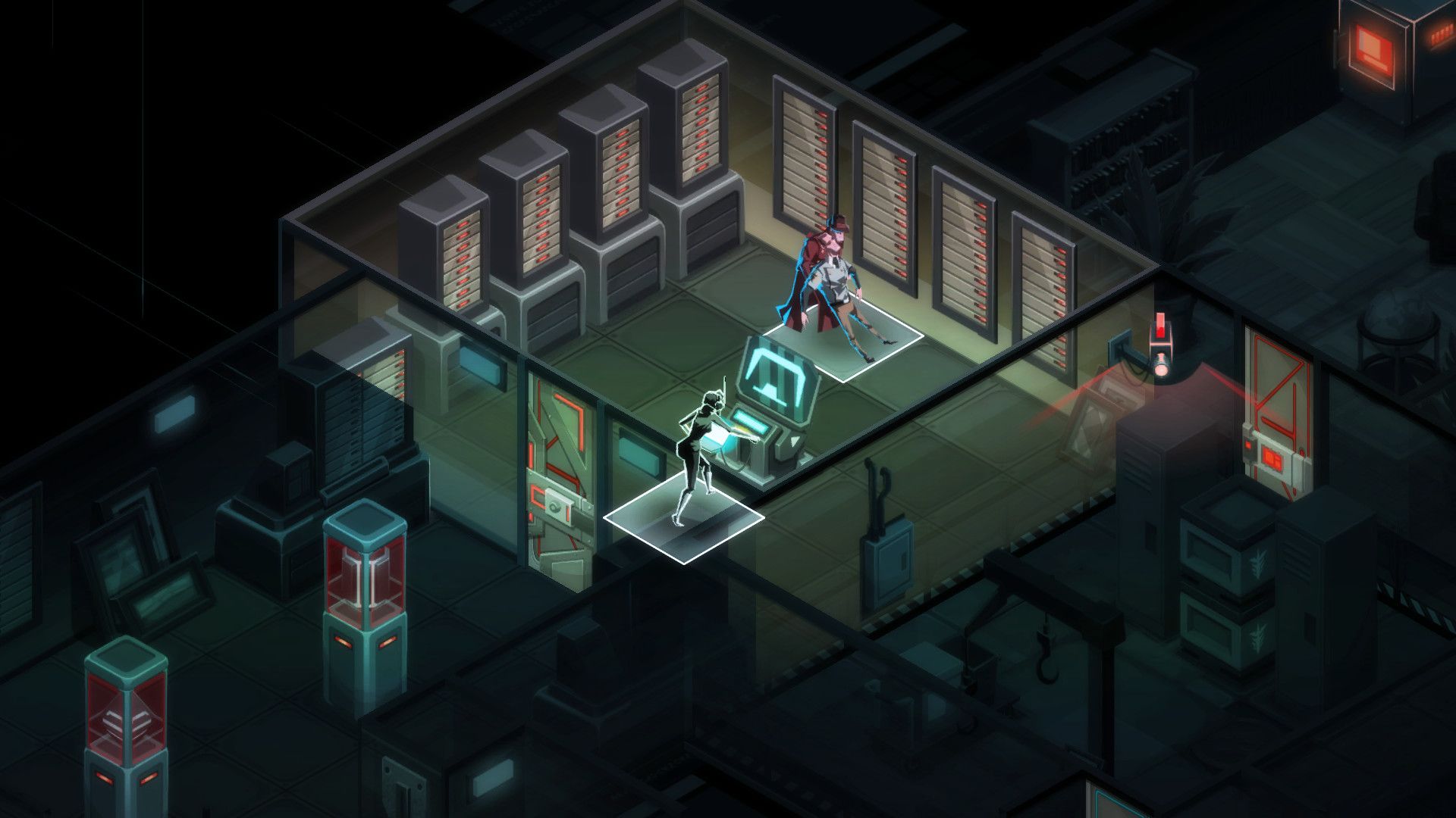 An agent enters a dim isometric room while a guard is visible near a doorway.