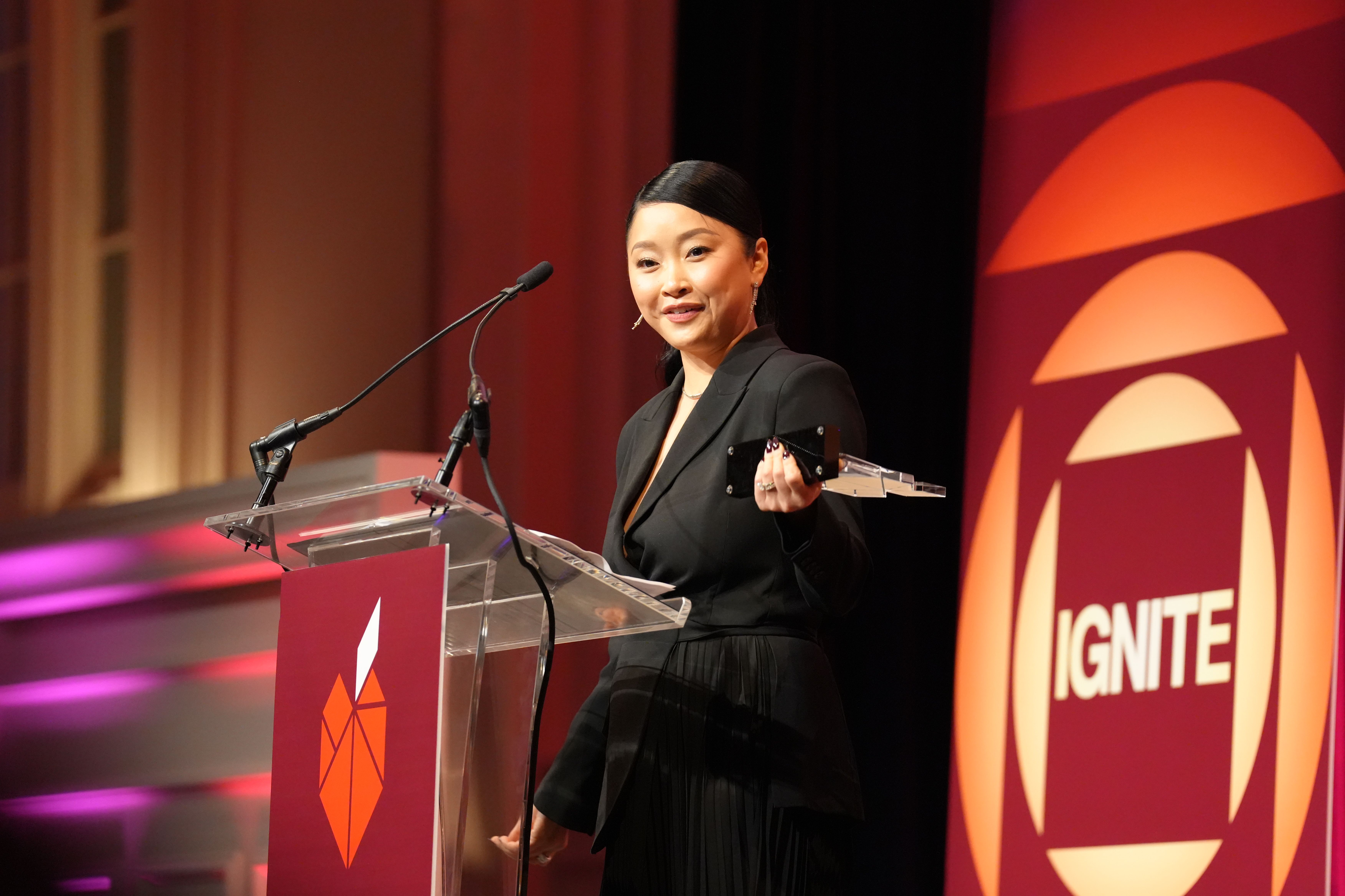 Lana Condor speaking at the APEX Gala in New York City in April 2026.