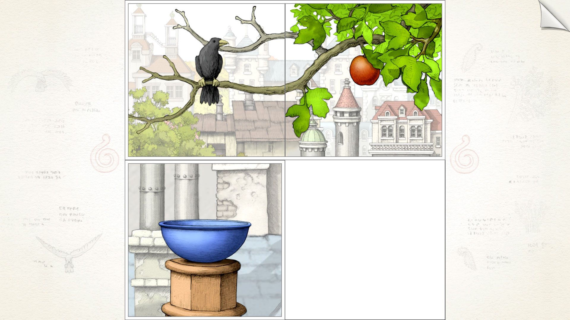 Gorogoa panel grid shows a fruit tree, a bowl and an open window.