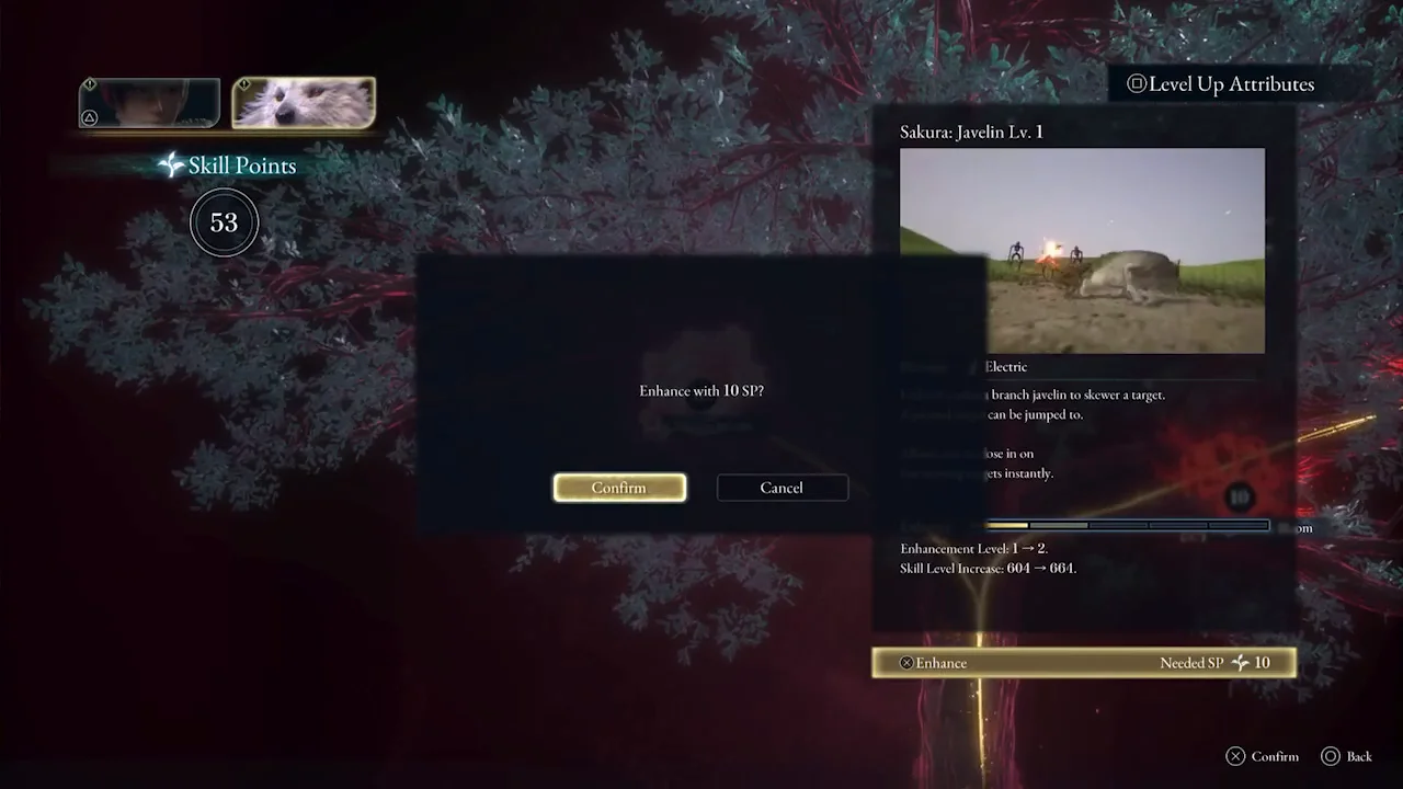 Koo’s skill tree with Emma and Koo tabs, available Skill Points, and an Enhance confirmation dialog.