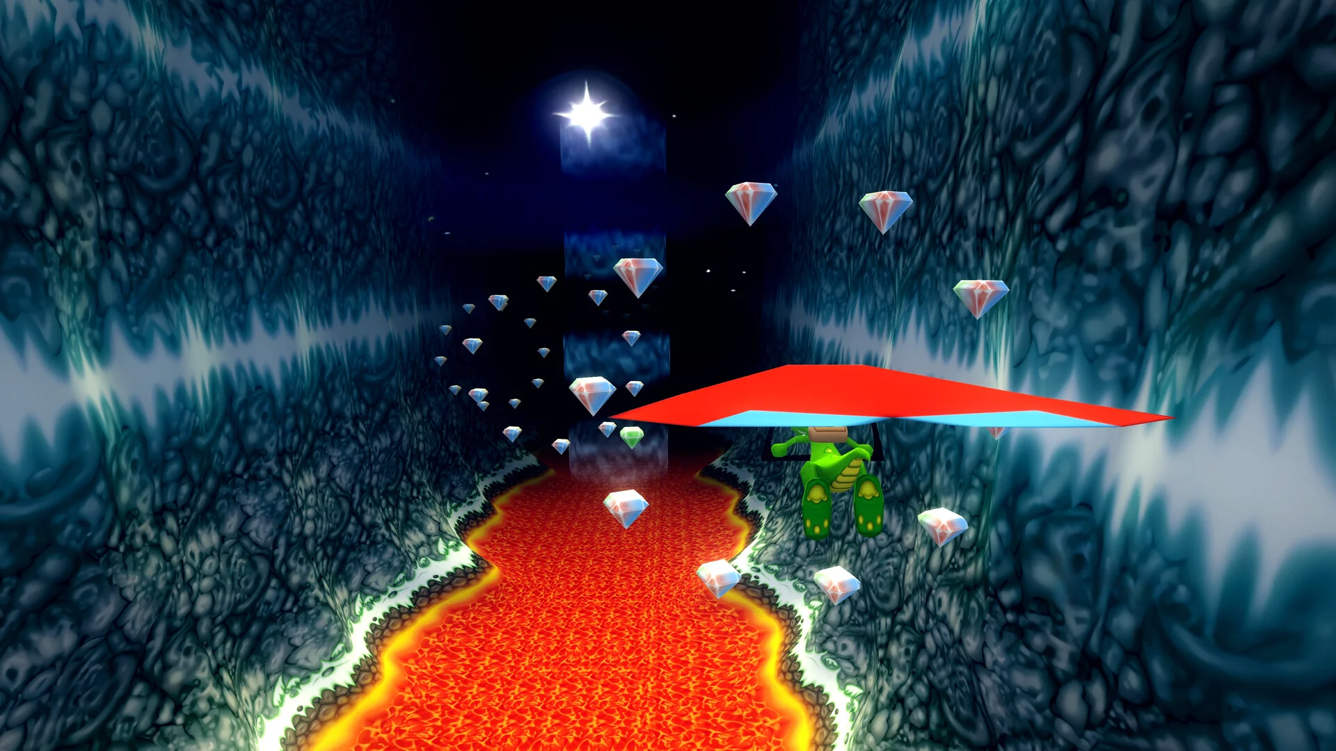 Croc flies a red hang glider above lava and a line of crystals in a rocky cavern.