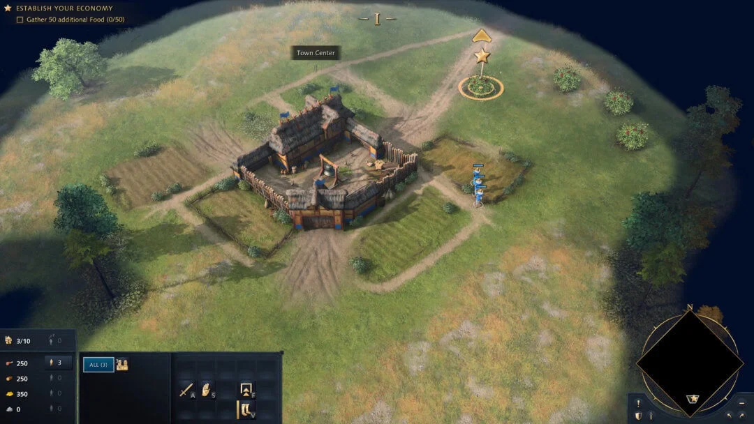 The Town Center is the large fenced building in the middle. The selected villagers stand to its right. Resource totals are at bottom left, commands run along the bottom, and the minimap is at bottom right.