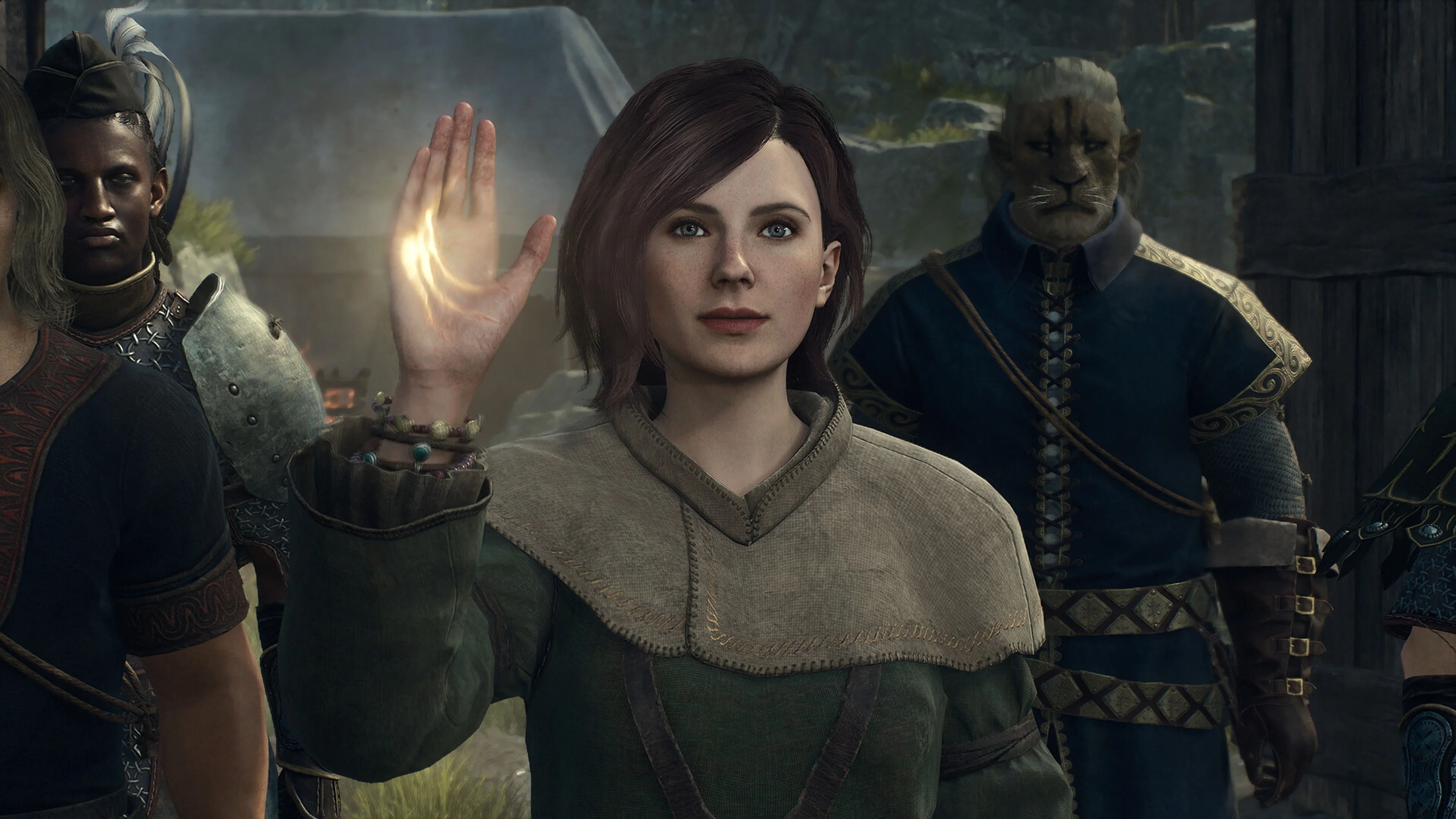 An Arisen stands with two Beastren companions in Dragon's Dogma 2.