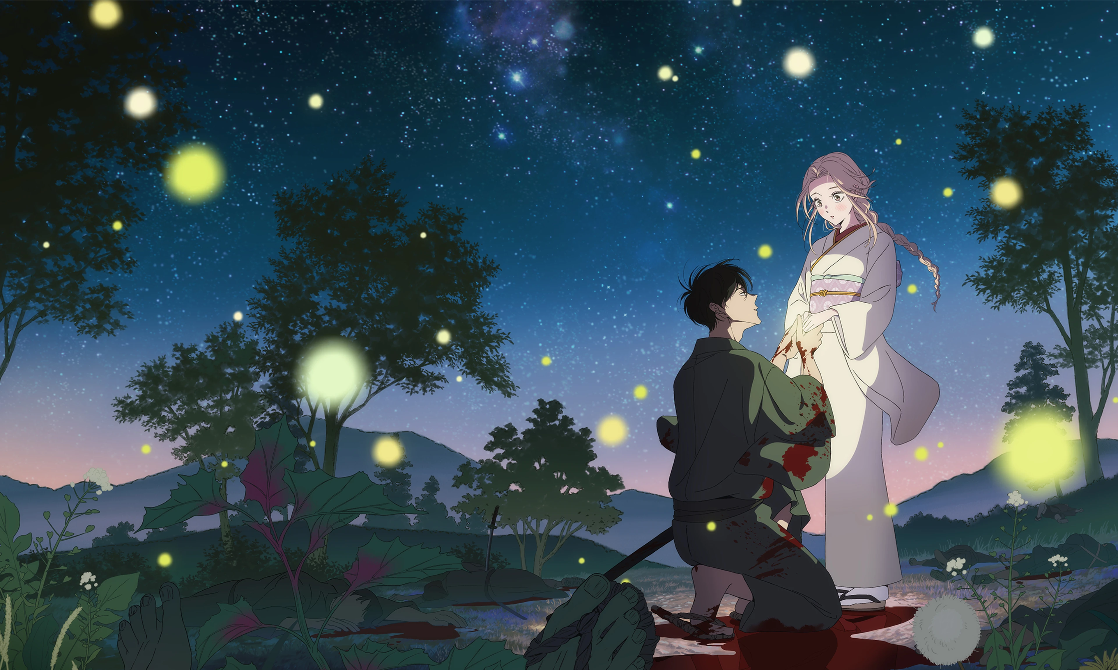 Shinpei kneels before Satoko as fireflies glow around them at night.