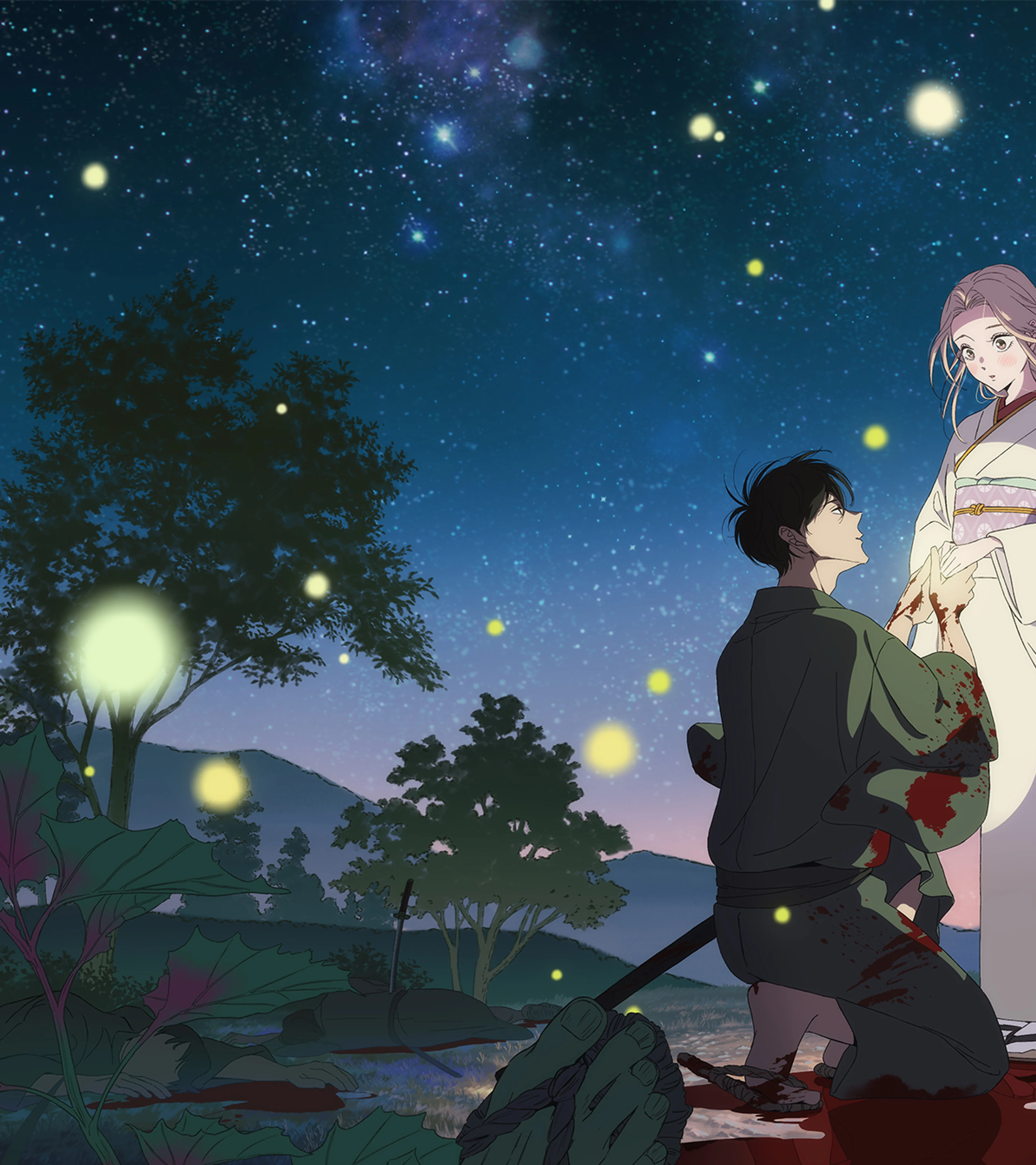 Shinpei kneels before Satoko as fireflies glow around them at night.