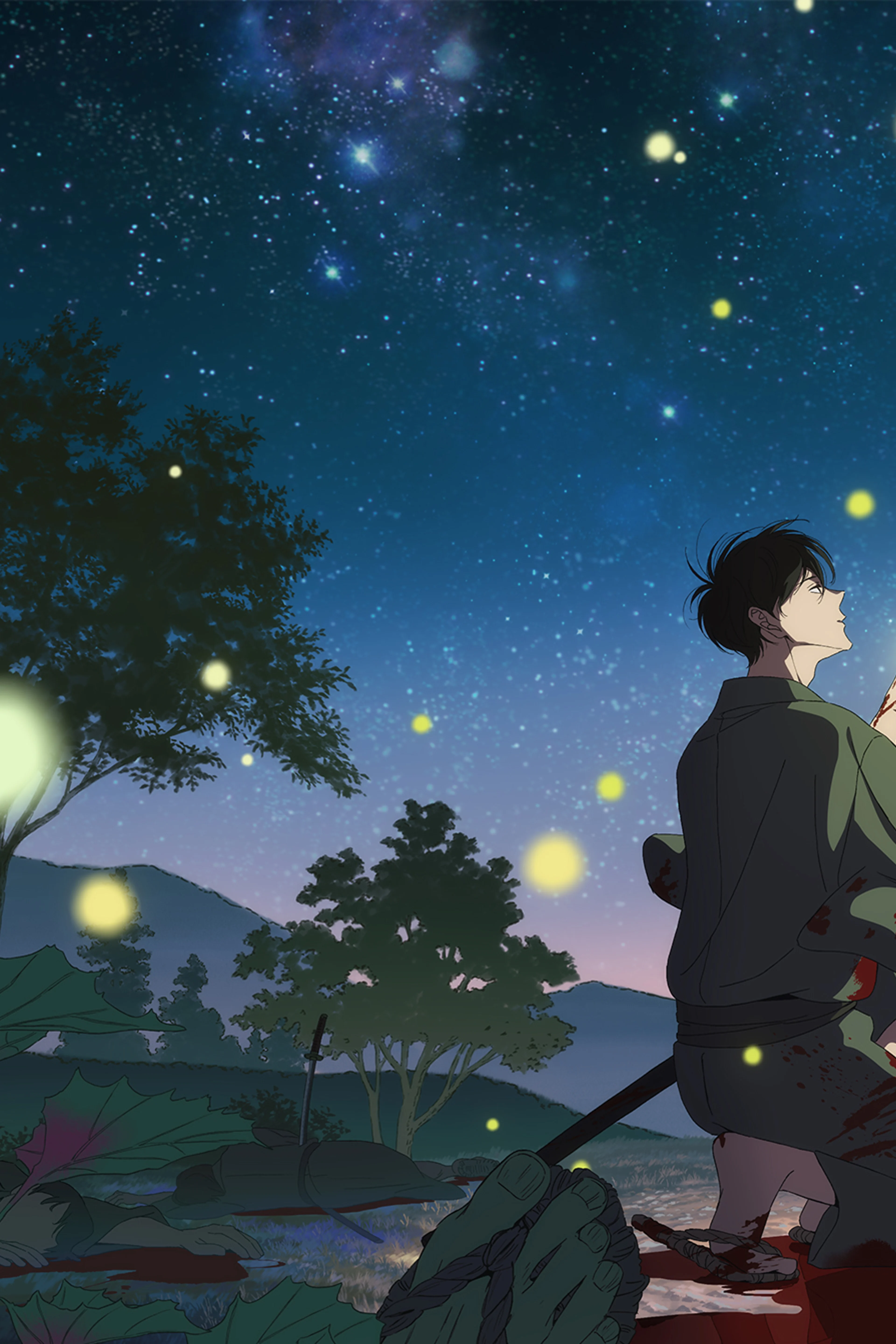 Shinpei kneels before Satoko as fireflies glow around them at night.