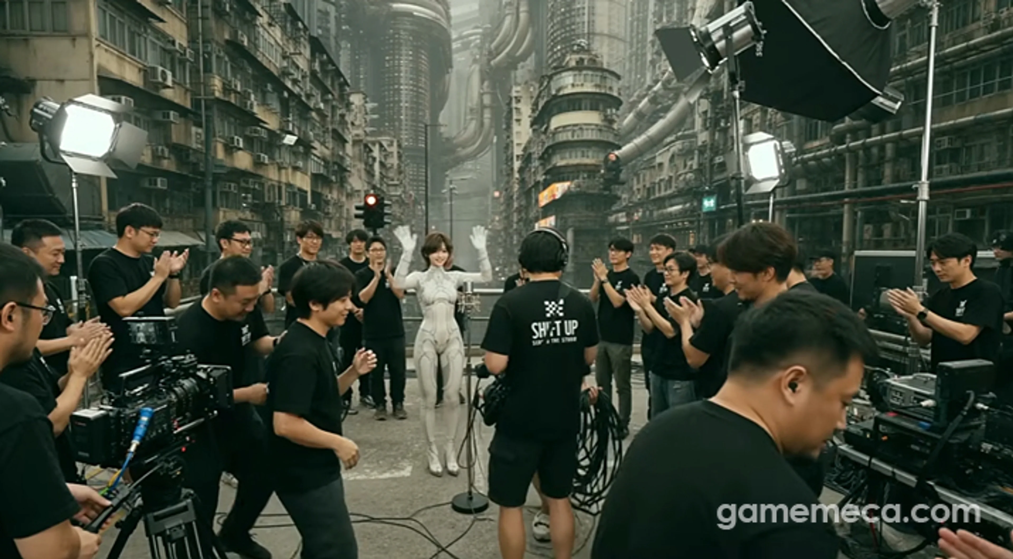 A staged film crew surrounds Evie in the Blood Rain music video