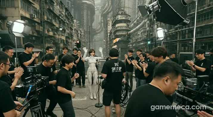 A staged film crew surrounds Evie in the Blood Rain music video