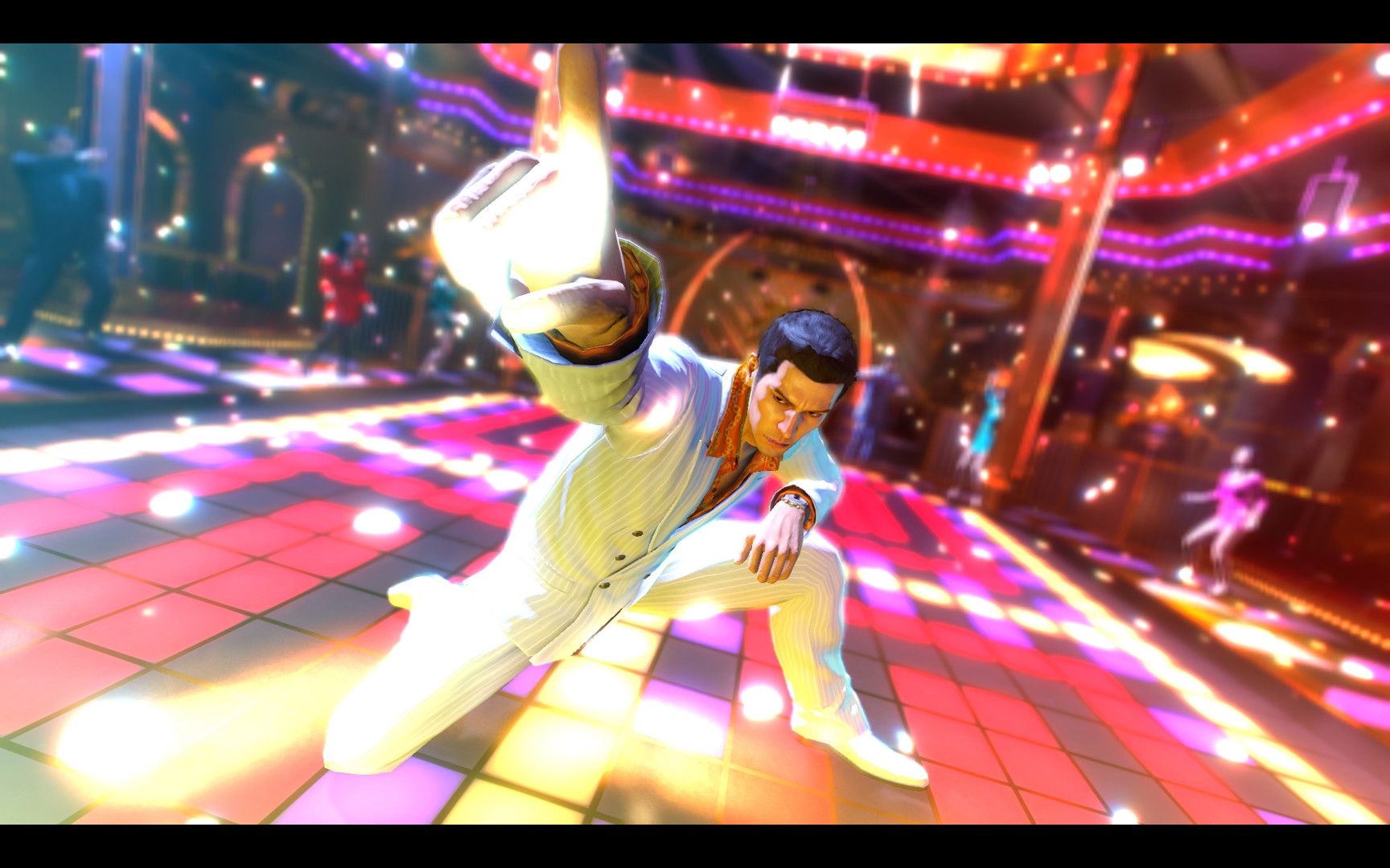 A dancer in a white suit moves across a brightly lit dance floor.