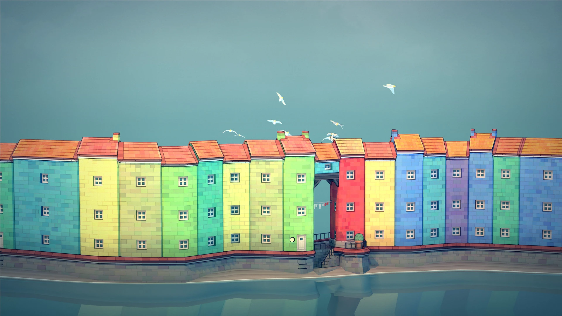 Colorful waterfront houses are built from blocks in Townscaper.