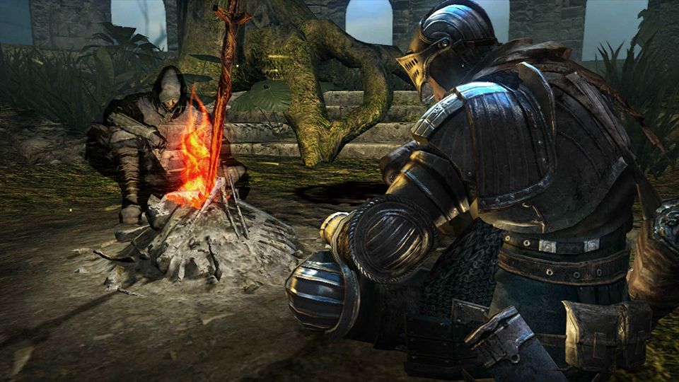 An armored adventurer stands by a small bonfire and a seated character.