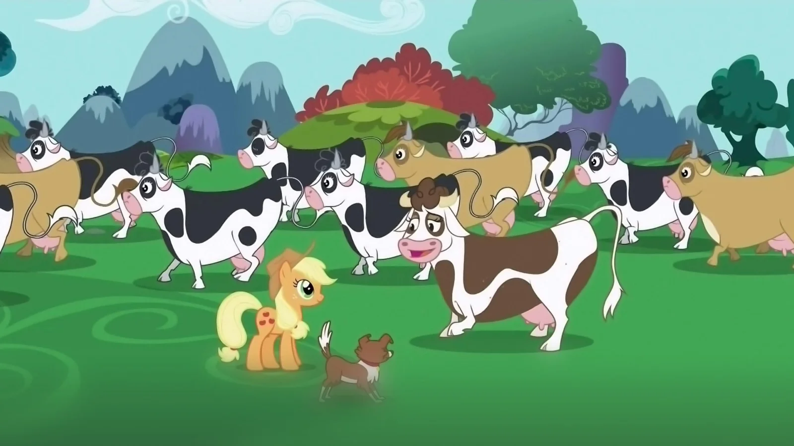 Applejack, recognizable by her hat and blonde mane, runs alongside cattle.