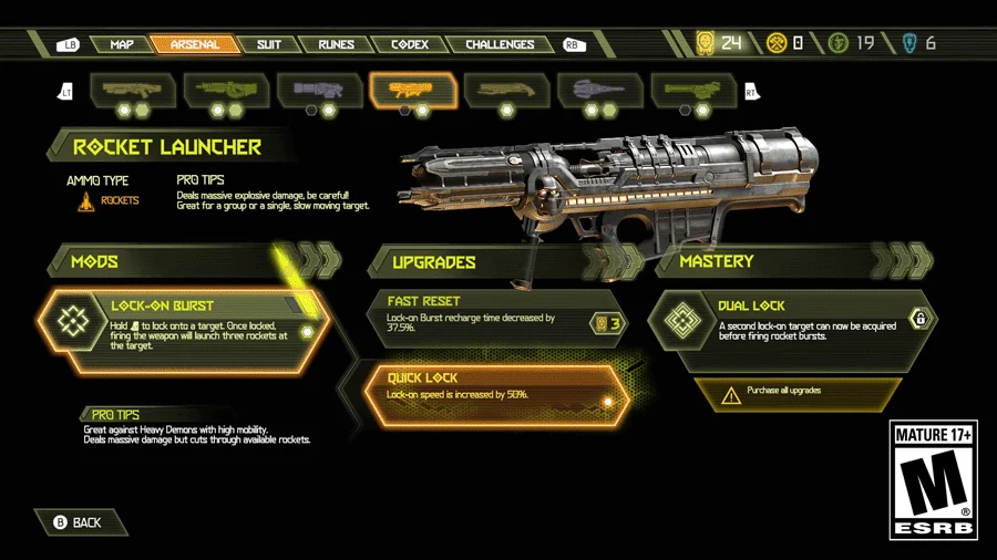 DOOM Eternal pause menu with Arsenal highlighted at the top, weapon icons beneath it, Mods on the left, Upgrades in the center and Mastery on the right.