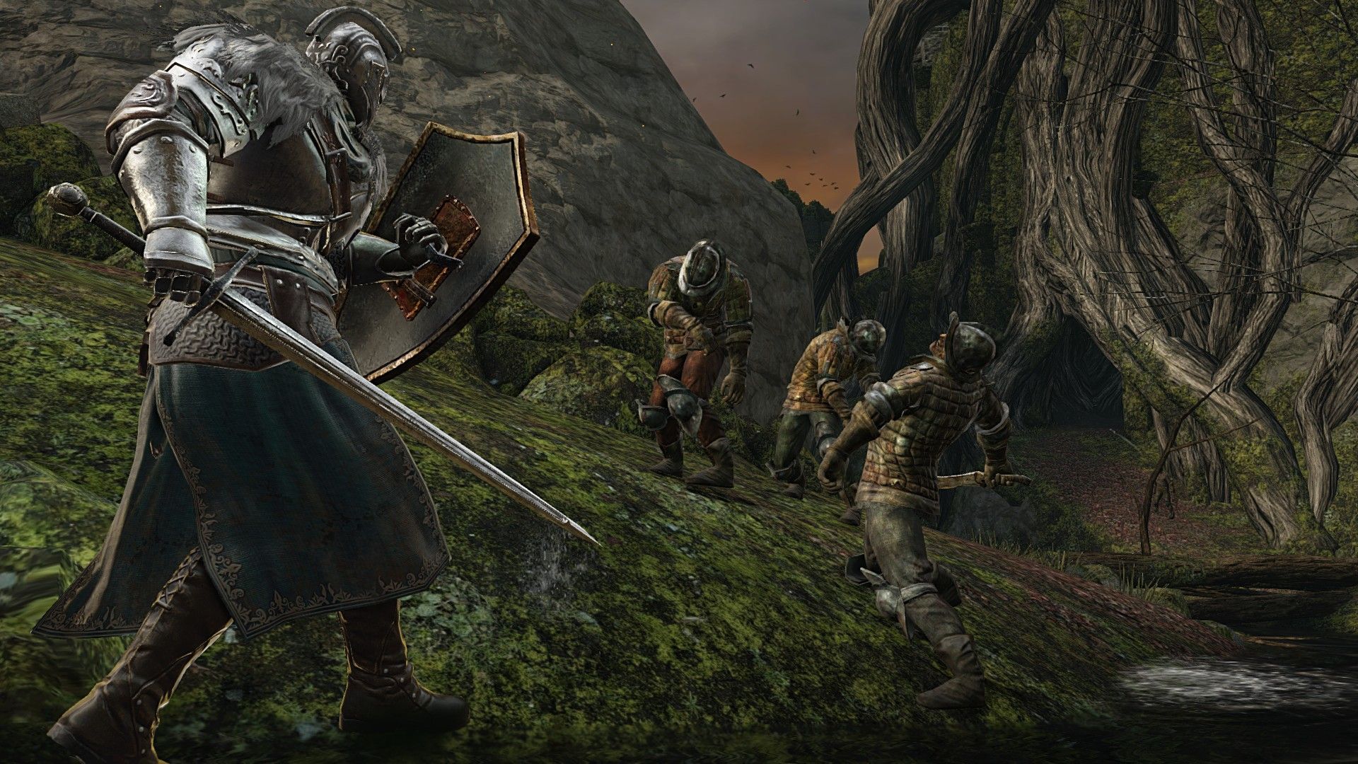 An armored character faces several enemies in a stone corridor.
