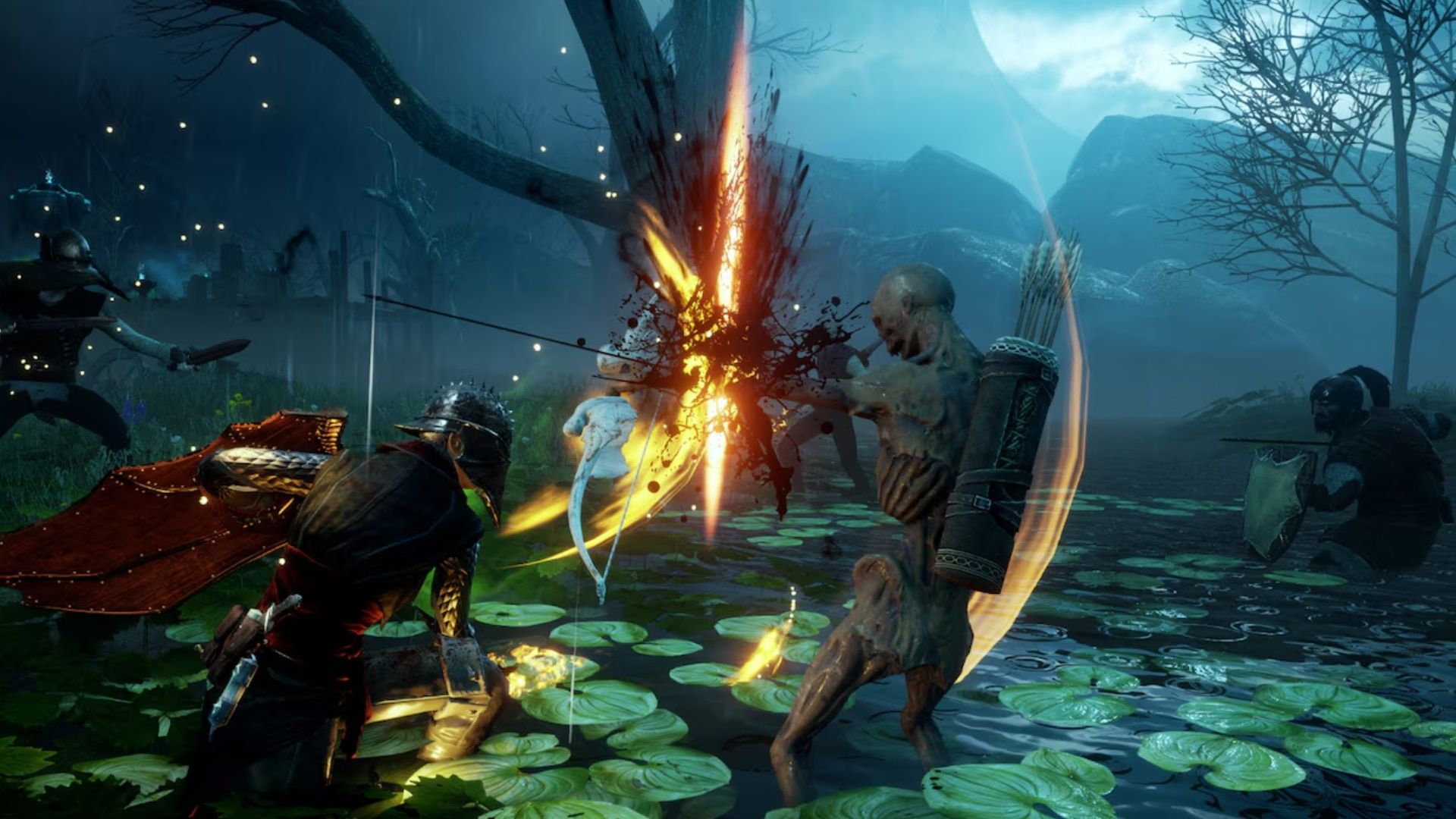 Party members fight a hostile figure in a blue-lit ruin.
